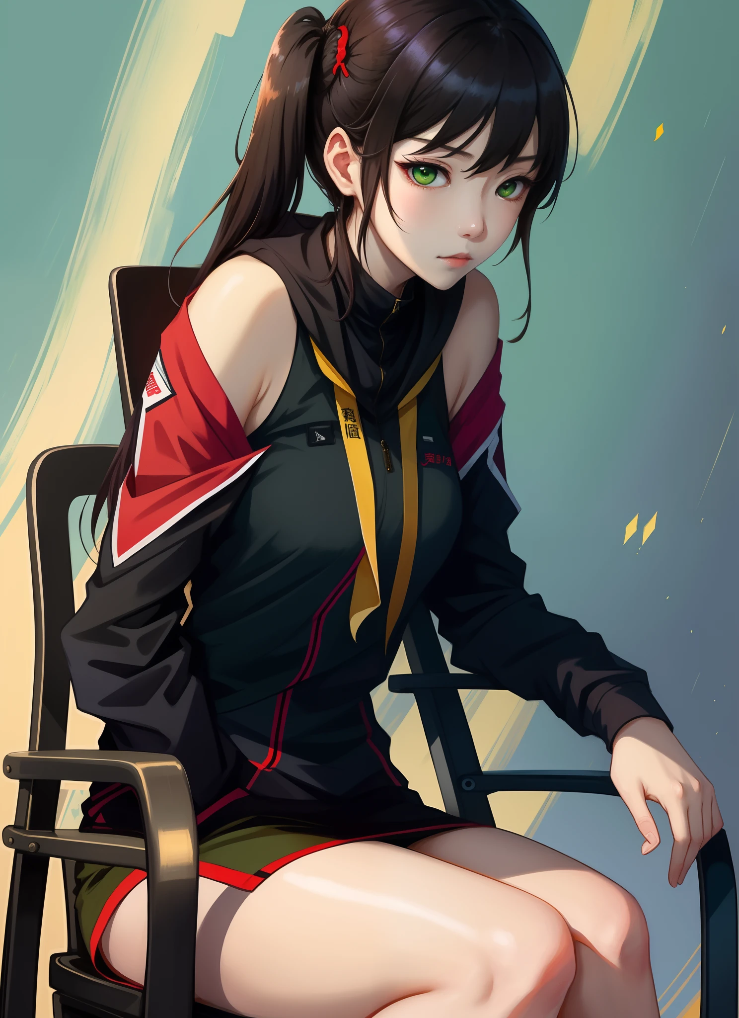 a close up of a person sitting on a chair with a green screen, guweiz, Wang Chen, Chiba Yuda, Middle metaverse, from girls frontline, trending at cgstation, leaked image, weibo, 奈良美智, trending on cgstation