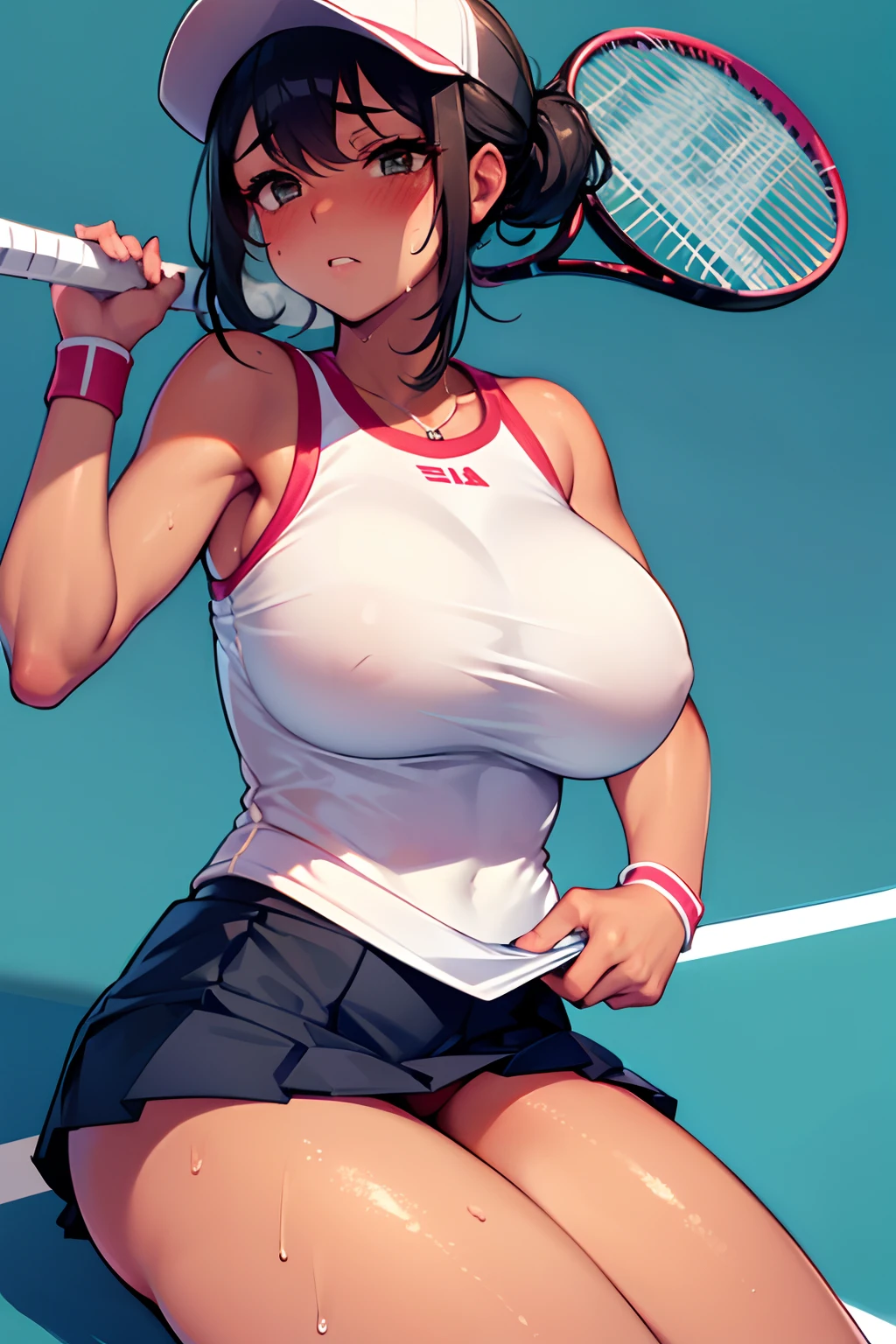 (Tennis Uniforms:1.3) sweating, sweaty, tan, big boobs, tan skin, flustered, blush, black hair, tenis wear, tenis cap, doing tennis,