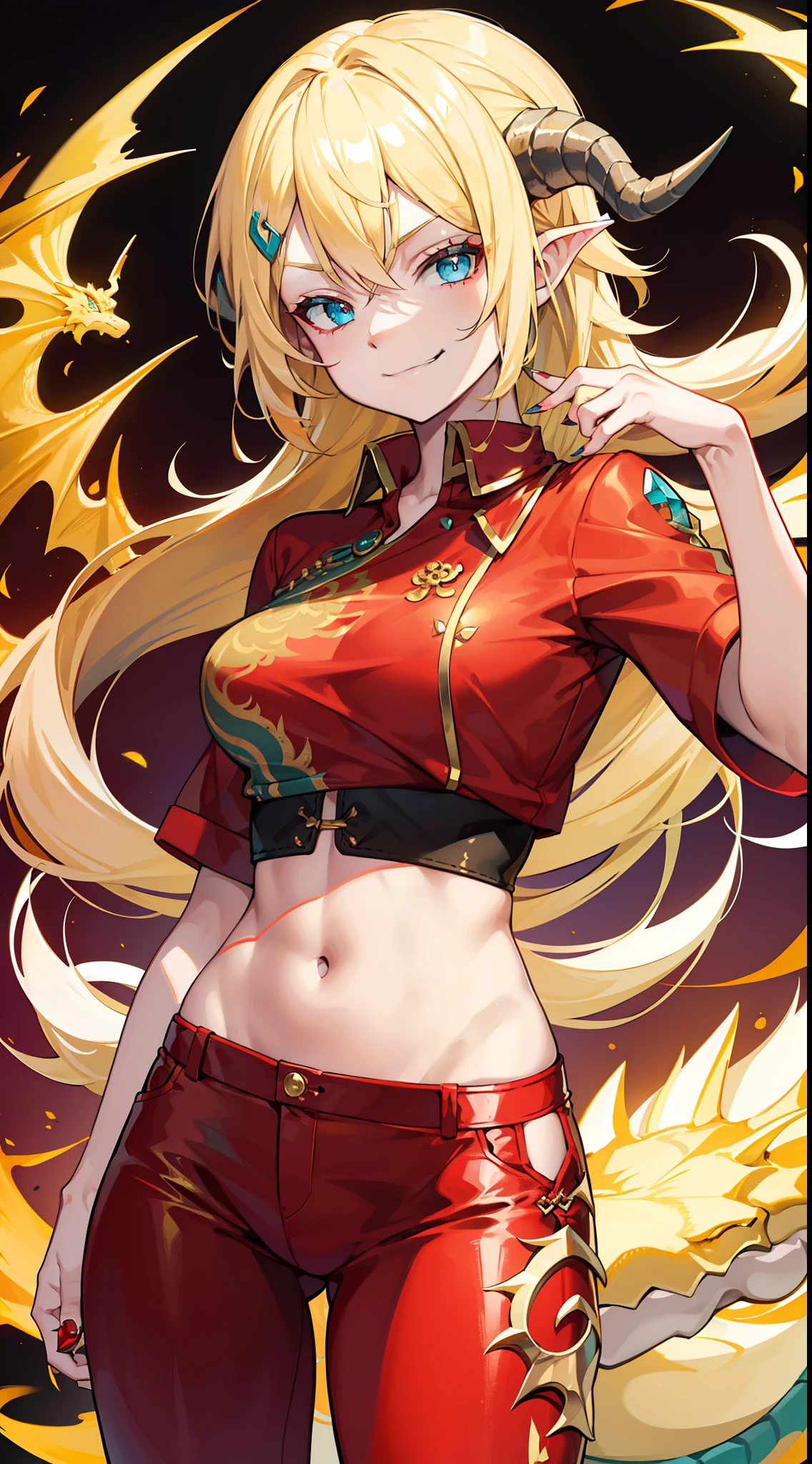 young girl, longue blonde hair, barrette, turquoise eyes, dragon tattoo, dragon horns, Red tight shirt, Gold Elements, pants, open thighs, claws, smirk, Masterpiece, hiquality, 4k, HD, Good detail