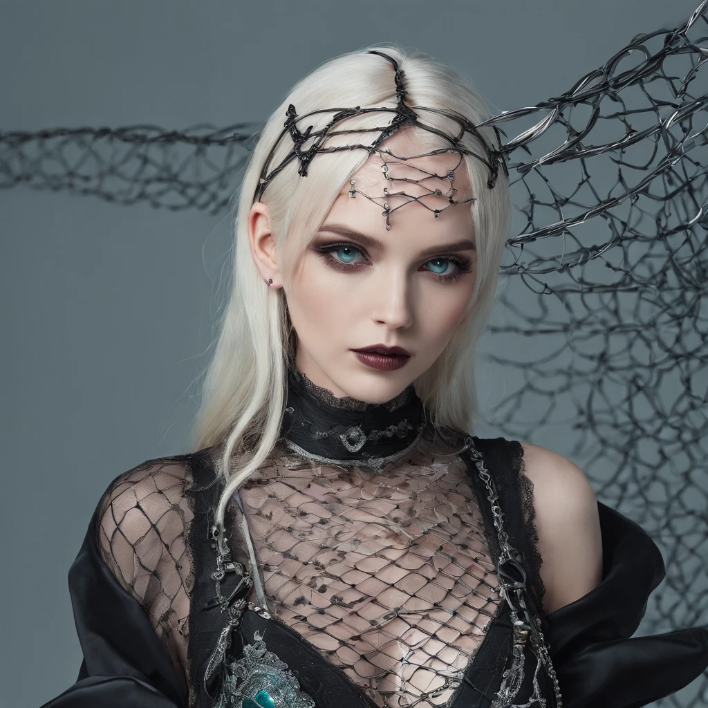 Girl in symbolic clothes of Gothic net, 。.。.。.com (barbed wire for body) brunette color hair,Blonde hair、fantastical light、Silver earrings、Turquoise jeweled