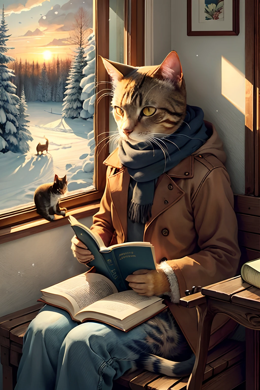 The cat looks out the window, Reading a book, wintertime.