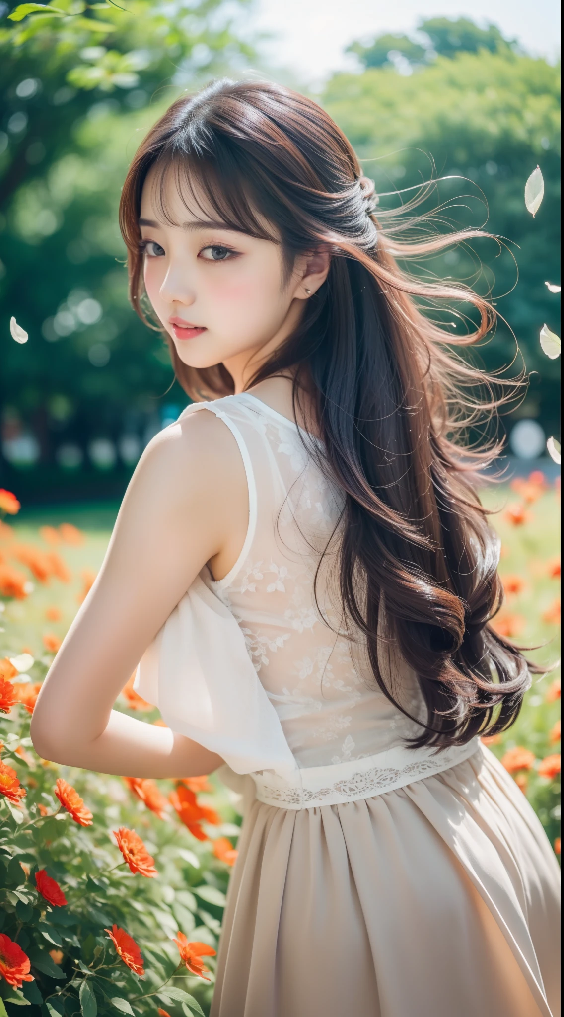 (Best quality,high resolution,Ultra-detailed:1.2),Beautiful golden to red gradient wavy curls fluttering in the breeze, Vibrant flowers in the background of the park, Close-up shot,