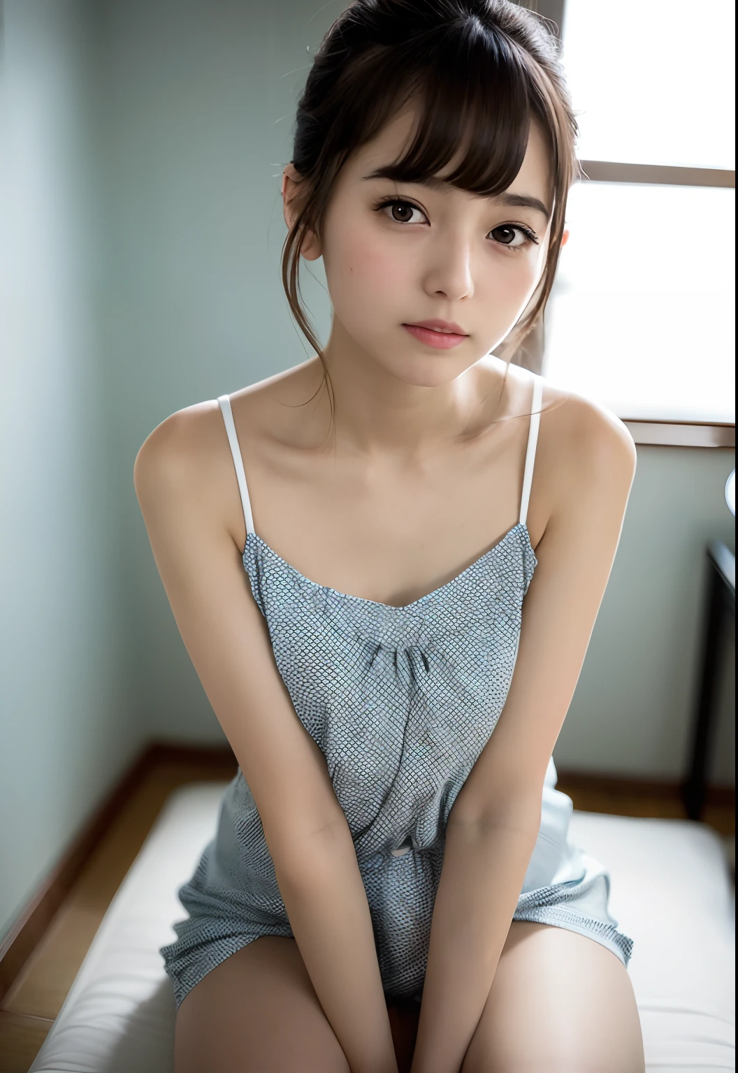 ((of the highest quality, 8K, masutepiece: 1.3, Raw photo)), Sharp Focus: 1.2, (1 AESPA Girl :1.1), Solo, (Realistic, Photorealistic: 1.37), (Face Focus: 1.1), Cute face, hyperdetailed face, (Short messy hair: 1.2), Small Smile, Small breasts, flat chest, , (Chiffon Camisole, White polka dot panties: 1.1), Triangle Sit, Physical education sitting,Bathroom dressing room,Filmed changing clothes and taking a bath in the dressing room,NSFW,Where to change clothes in the bathroom、Washstand、