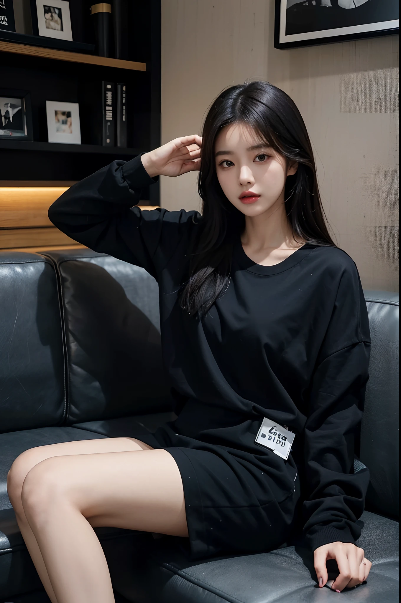 woman sitting on a couch in a store with a black shirt, korean women's fashion model, casual clothing style, trending at cgstation, gorgeous young korean woman, wearing black tshirt, 2 0 2 0 fashion, casual modern clothing, sun yunjoo, cool style, she is wearing streetwear, official product image, bae suzy, productphoto, with a cool pose, krystal