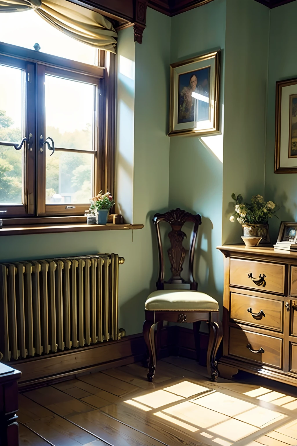 A room that belongs to an enthusiastic person, opened windows bright light, mood is exciting, vibrant, exuberant, liberating, emancipating.
