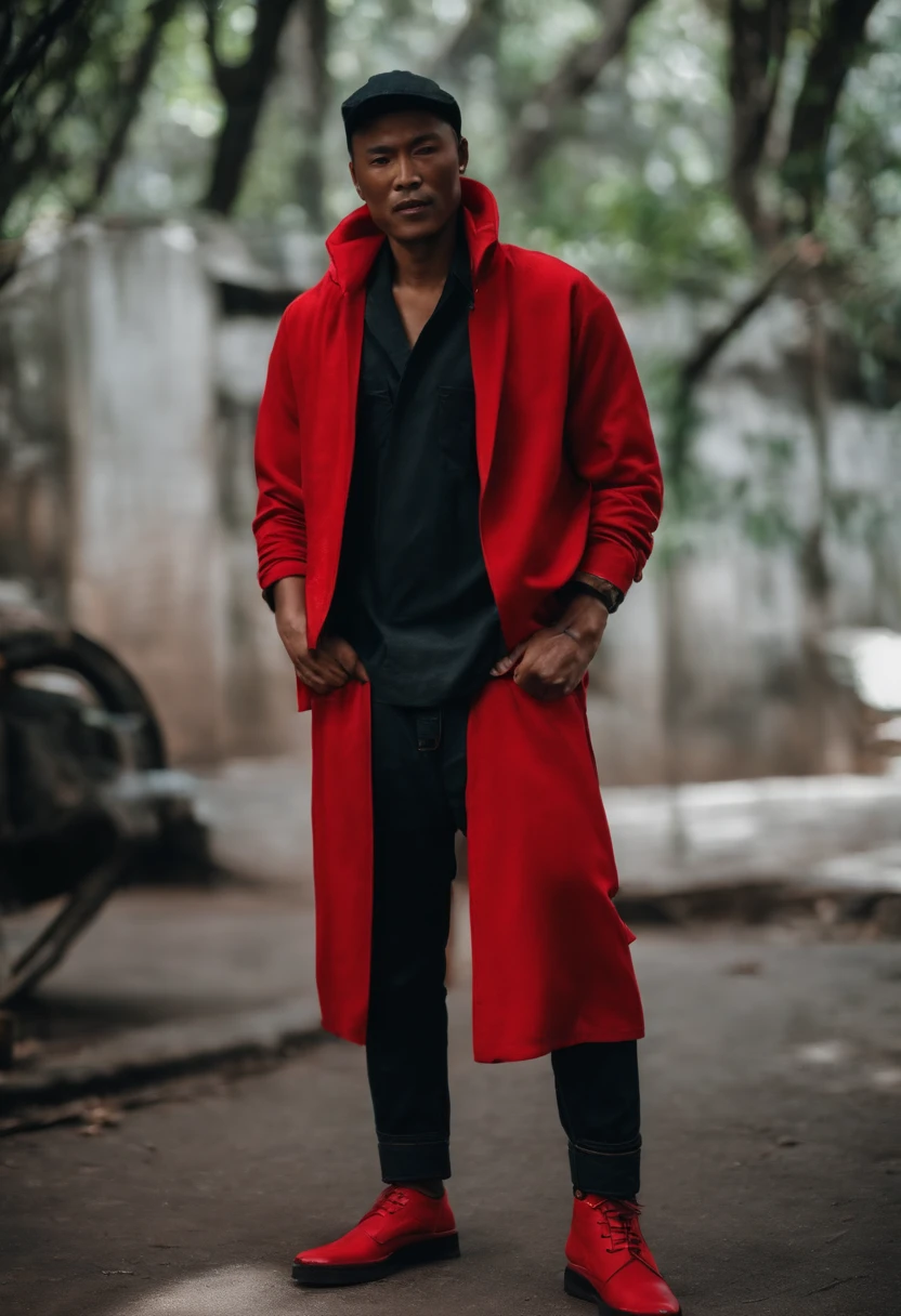 Workers wearing strappy jeans and long sleeves with red crewneck, A red cap, on his head,Big black scalp shoes, A Chinese man, Smiling, Use dark
