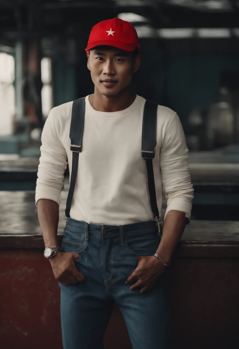 Workers wearing strappy jeans and long sleeves with red crewneck, A red cap, on his head,Big black scalp shoes, A Chinese man, Smiling, Use dark