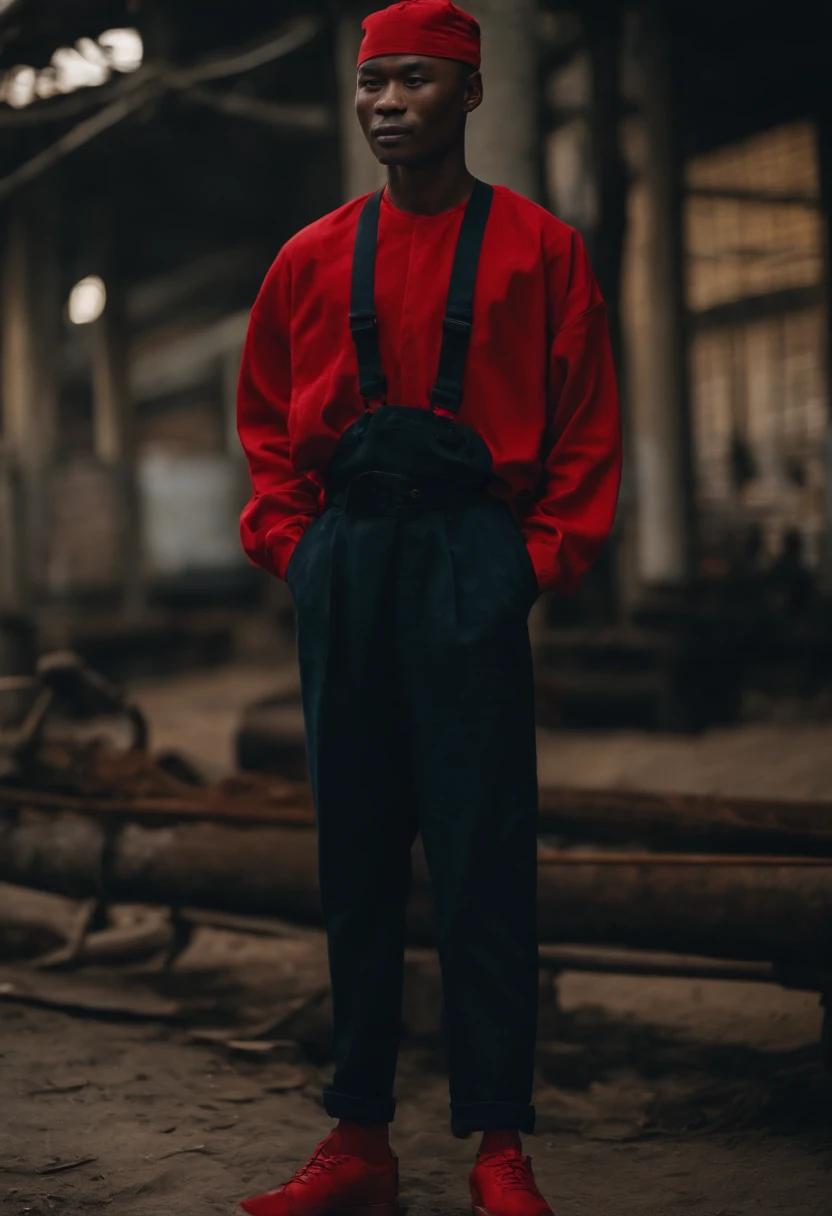 Workers wearing strappy jeans and long sleeves with red crewneck, A red cap, on his head,Big black scalp shoes, A Chinese man, Smiling, Use dark