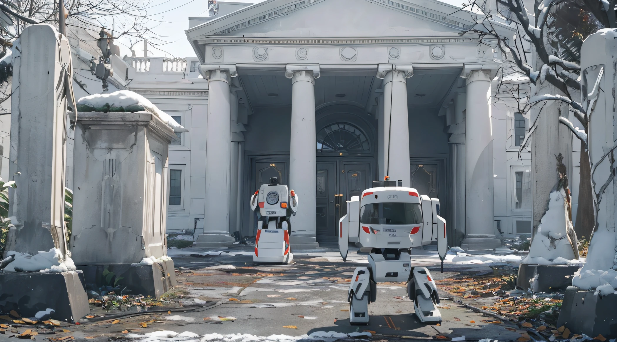 Jardim da White House dos EUA com um caminho aberto coberto de neve, Android security robots standing at the gate holding machine guns. fundo da cidade cyberpunk. HDR, 8k, Professional Color Grading, --v 5.2 --s 750