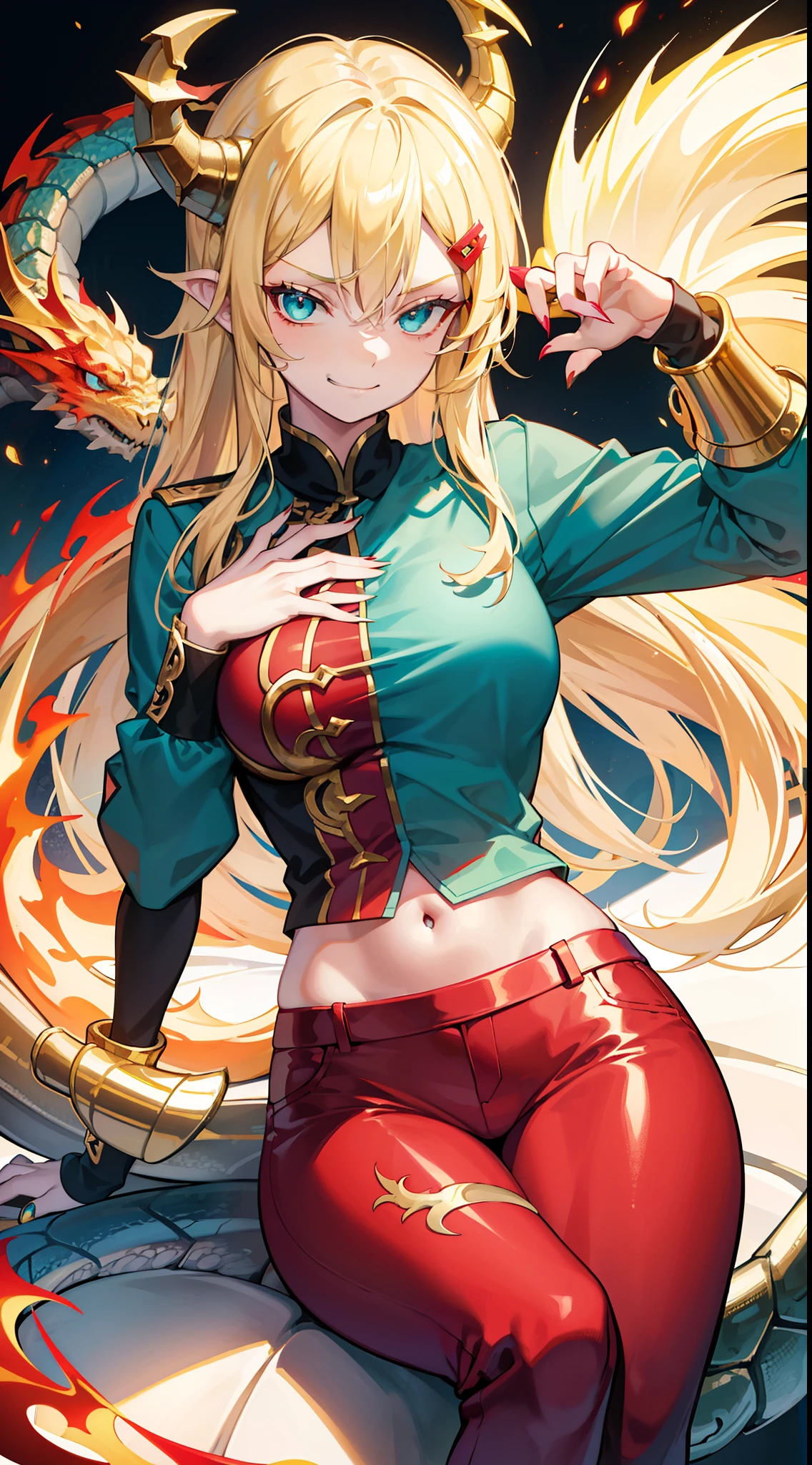 young girl, longue blonde hair, barrette, turquoise eyes, dragon tattoo, dragon horns, Red tight shirt, Gold Elements, pants, open thighs, claws, smirk, Masterpiece, hiquality, 4k, HD, Good detail