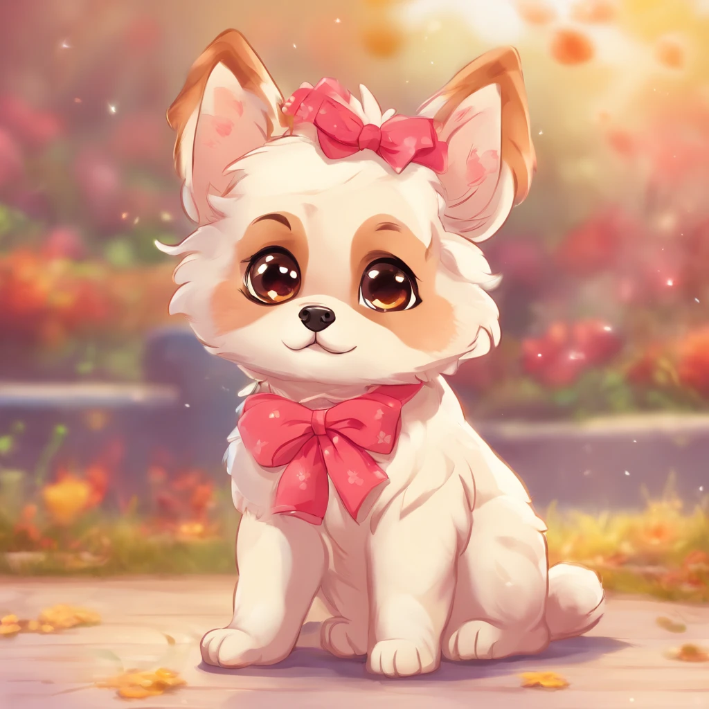 A dog with a bow on his head sits on the ground, Show Patta, full bodyesbian, Cute digital paint, beautiful digital art, beautiful detailed digital art, Preti Dog, painting of cute dog, kawaii cute dog, Beautiful detail art, Clean portrait, digital cartoon painting art, Digital cartoon drawing, Cute Art, Lori, cute ears, Niskatunesco, pet animal, Kawaii realistic portrait
