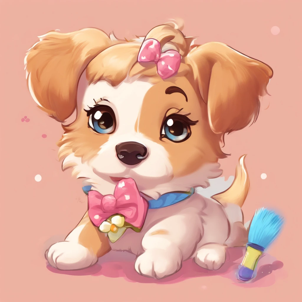 A dog with a bow on his head sits on the ground, Show Patta, full bodyesbian, Cute digital paint, beautiful digital art, beautiful detailed digital art, Preti Dog, painting of cute dog, kawaii cute dog, Beautiful detail art, Clean portrait, digital cartoon painting art, Digital cartoon drawing, Cute Art, Lori, cute ears, Niskatunesco, pet animal, Kawaii realistic portrait