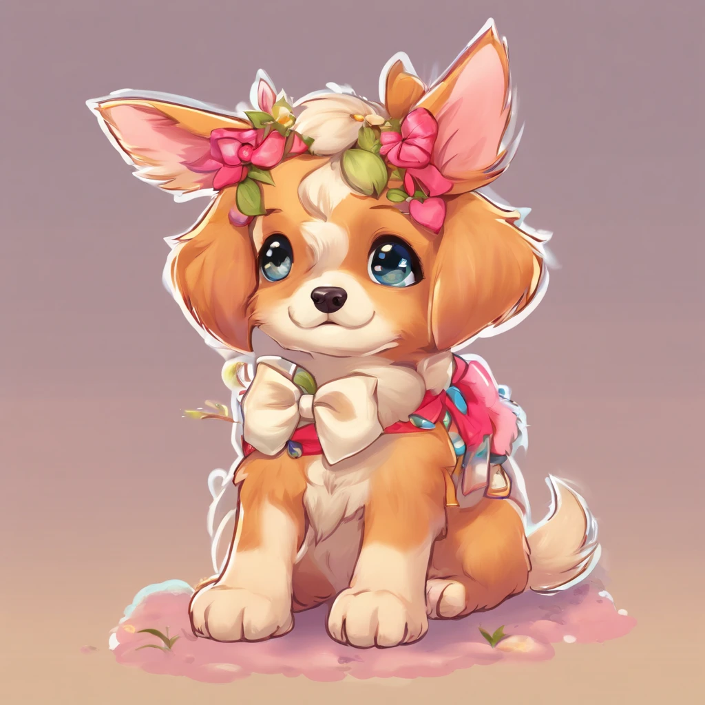 A dog with a bow on his head sits on the ground, Show Patta, full bodyesbian, Cute digital paint, beautiful digital art, beautiful detailed digital art, Preti Dog, painting of cute dog, kawaii cute dog, Beautiful detail art, Clean portrait, digital cartoon painting art, Digital cartoon drawing, Cute Art, Lori, cute ears, Niskatunesco, pet animal, Kawaii realistic portrait