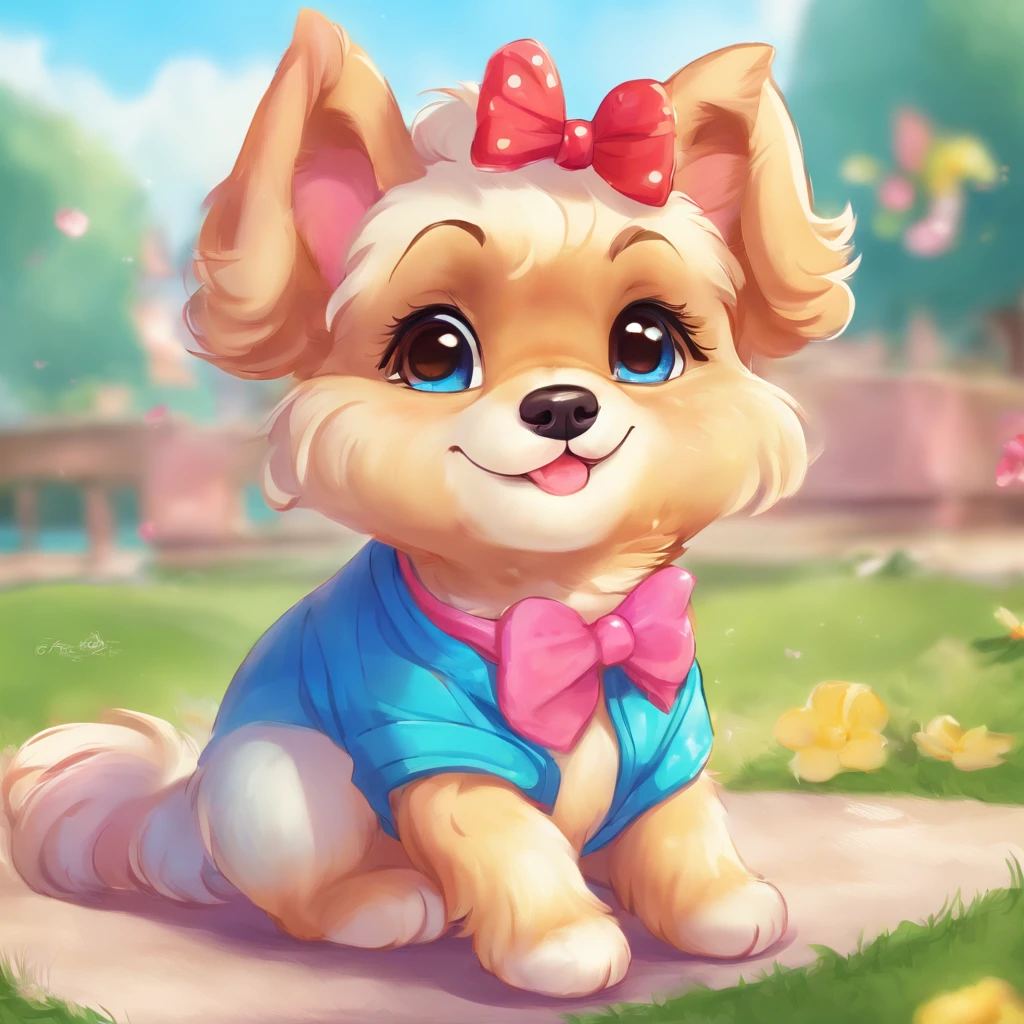 A dog with a bow on his head sits on the ground, Show Patta, full bodyesbian, Cute digital paint, beautiful digital art, beautiful detailed digital art, Preti Dog, painting of cute dog, kawaii cute dog, Beautiful detail art, Clean portrait, digital cartoon painting art, Digital cartoon drawing, Cute Art, Lori, cute ears, Niskatunesco, pet animal, Kawaii realistic portrait