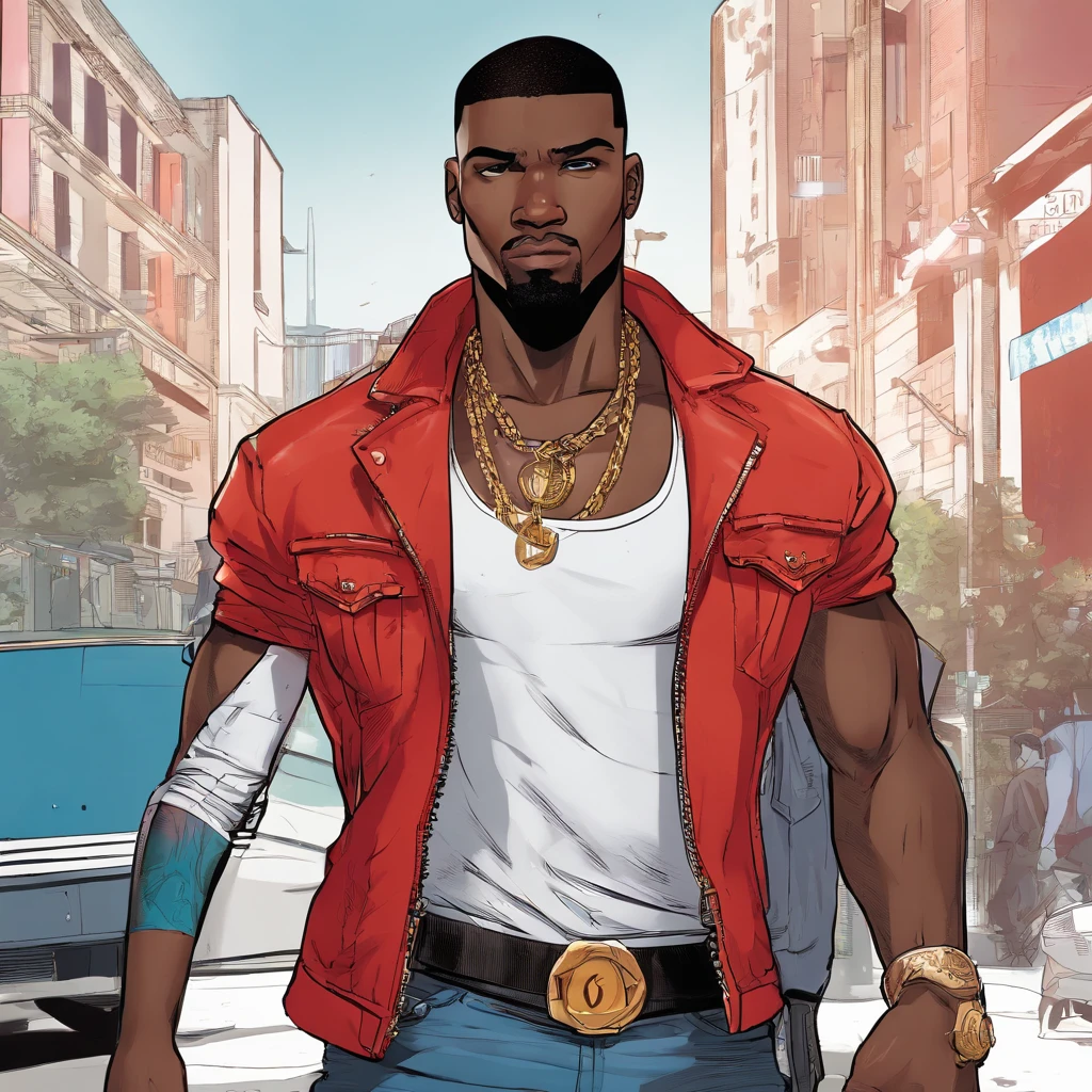 realistic style, masterpiece, best quality, 8k, artstation, sharp focus, ultrarealistic, high details, black skinned adult male, late 20s, street thug, A black teenager, character, very tall, muscular, with short hair, brown eyes, he has disproportionately large and scarred arms. He has a burn mark in the left side of his face. He wears a white tank top, unzipped leather jacket, blue jeans, dark sneakers and a silver necklace.(((black:1.5, red:1.1, white:1.3)))