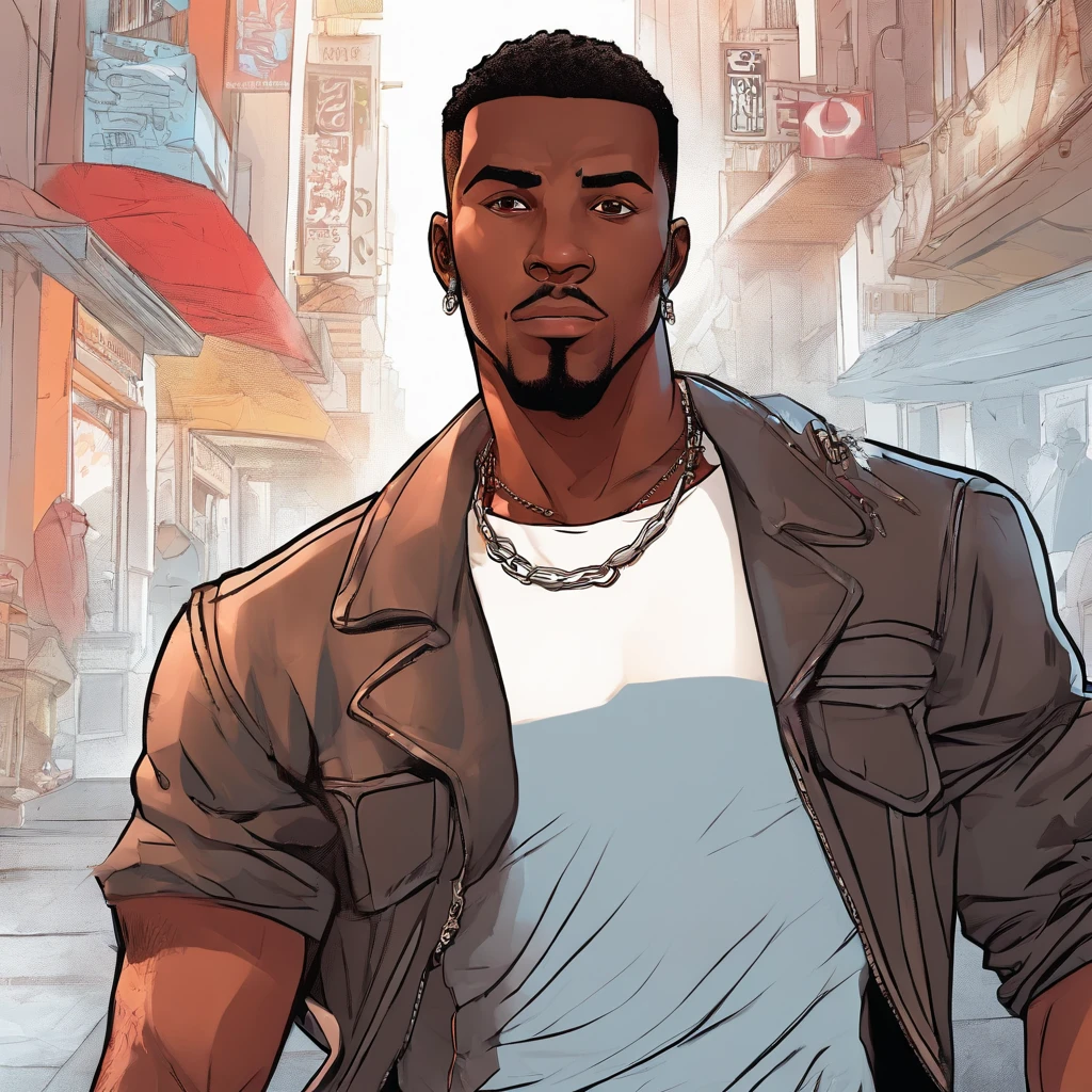 realistic style, masterpiece, best quality, 8k, artstation, sharp focus, ultrarealistic, high details, black skinned adult male, late 20s, street thug, A black ager, character, very tall, muscular, with short hair, brown eyes, he has disproportionately large and scarred arms. He has a burn mark in the left side of his face. He wears a white tank top, unzipped leather jacket, blue jeans, dark sneakers and a silver necklace.(((black:1.5, red:1.1, white:1.3)))