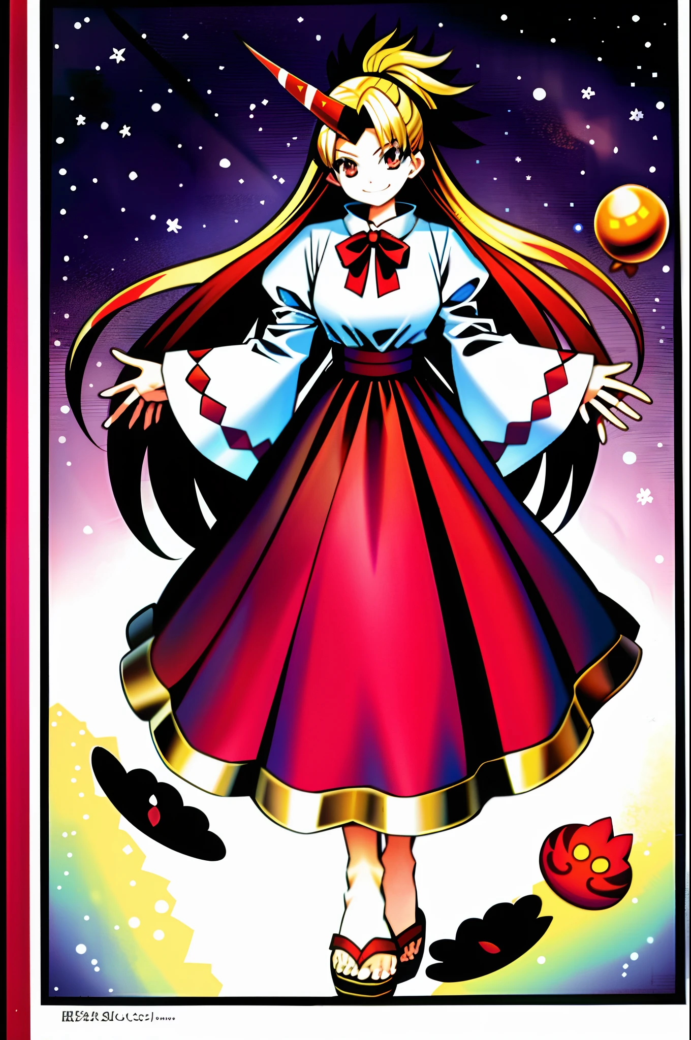 hoshiguma yuugi,medium breast , large skirt, traditional german clothing, bloon hair, red eyes, single horn,oni, closed pullover,long skirt,full body, standing, smile, flipflops