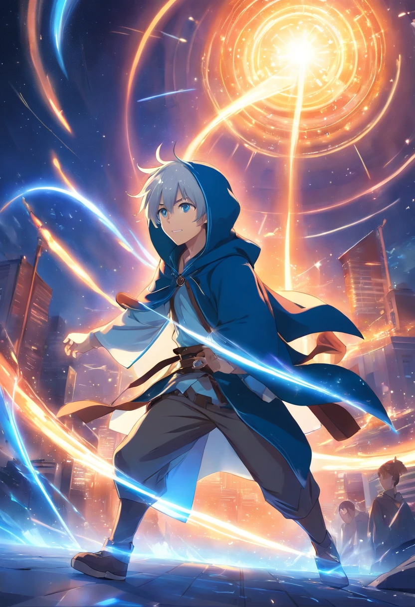 Masterpiece,best qualtiy, 1boys, Young man, White hair, White smile, Smug face, full bodyesbian, eBlue eyes, Blue mage cloak, Blue hood on the head, medieval, Arcane, Mystery accessories, A star-shaped amulet around the waist, Black belt buckle, White shirt under a cape