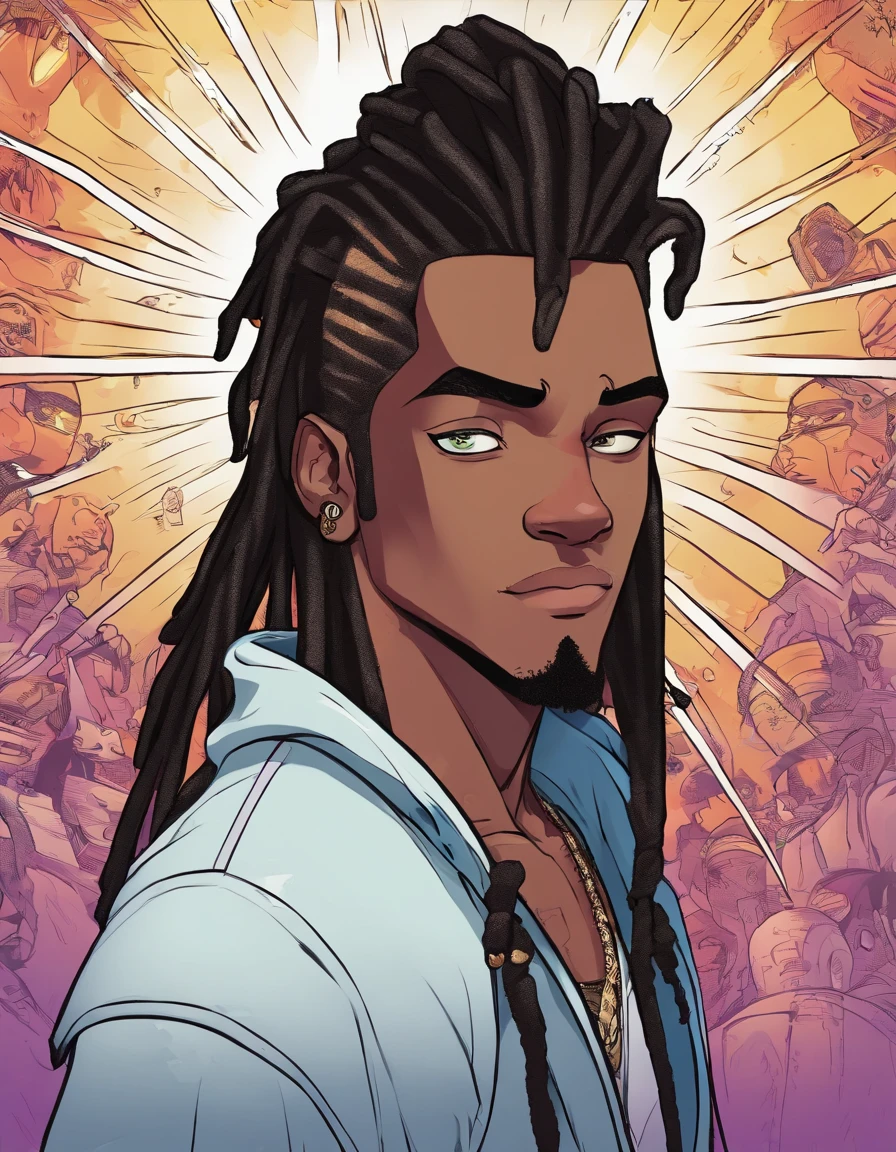 a drawing of an dark skin person with a black dreadlocks and a white shirt, wearing black hoodie with an yin Yang logo on it, halfbody headshot, cel - shaded art style, inspired by Okumura Masanobu, halfbody portrait, tyler jacobson style, anime character, cel shaded:15, young anime man, androgynous appearance, shaggy dreadlocks, blue eyes with purple irises(((hetrochromia, multicolored eyes)))