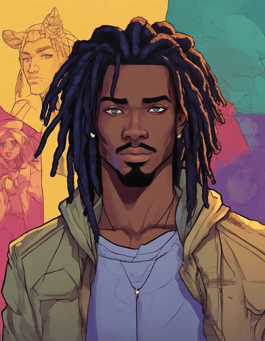 a drawing of an dark skin person with a black dreadlocks and a white shirt, wearing black hoodie with an yin Yang logo on it, halfbody headshot, cel - shaded art style, inspired by Okumura Masanobu, halfbody portrait, tyler jacobson style, anime character, cel shaded:15, young anime man, androgynous appearance, shaggy dreadlocks, blue eyes with purple irises(((hetrochromia, multicolored eyes)))