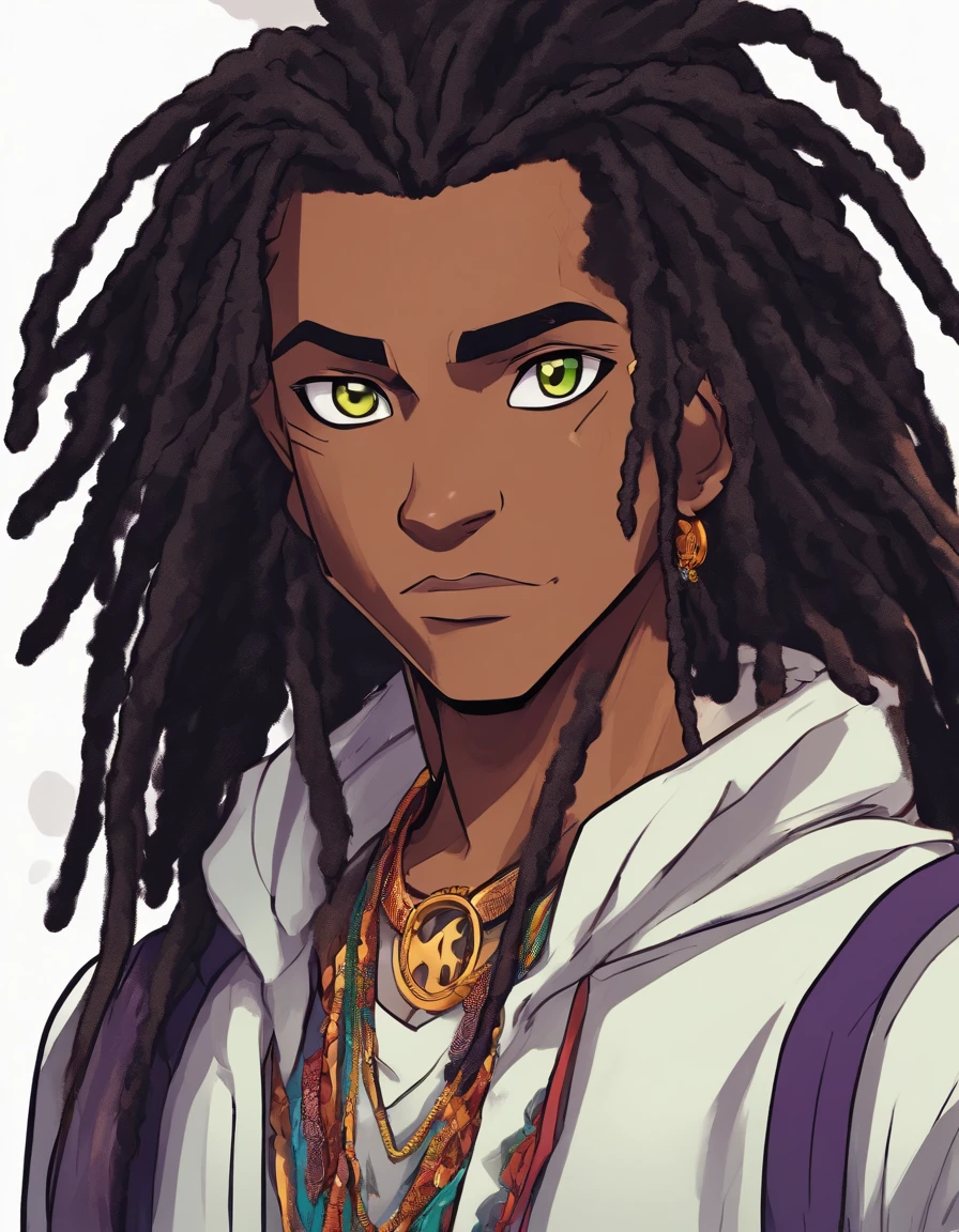 a drawing of an dark skin person with a black dreadlocks and a white shirt, wearing black hoodie with an yin Yang logo on it, halfbody headshot, cel - shaded art style, inspired by Okumura Masanobu, halfbody portrait, tyler jacobson style, anime character, cel shaded:15, young anime man, androgynous appearance, shaggy dreadlocks, blue eyes with purple irises(((hetrochromia, multicolored eyes)))
