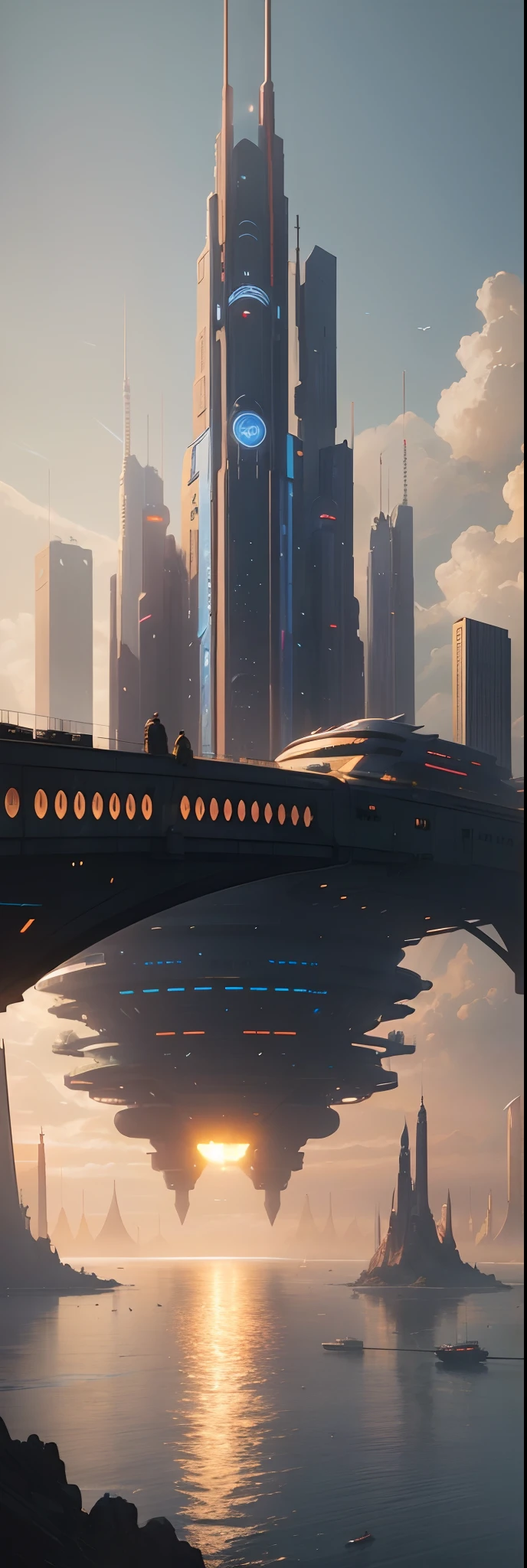 The future city,Greater Bay Area,HD Real,Very detailed background by the sea,1. A huge sword-shaped skyscraper that reaches straight to the sky,(From a distance, it looks like 1 ancient sword stuck in the sea)High-rise complexes,ultra - detailed,Very high definition,Heavy traffic,The prosperity remains,By the sea,Futuristic city with rivers and bridges at sunset, cyberpunk art inspired by Mike "beeple" Winkelmann, trending on CGSociety, retro-futurism, in a futuristic cyberpunk city, Futuristic city landscape, arstation and beeple highly, in fantasy sci - fi city, Futuristic city landscape, futuristic cyberpunk city, cyberpunk dreamscape, sci fi city,Cidade futuristica, fanciful, 24th century ,GlowingRunesAIV2_paleblue megacity,(非常详细的 CG 统一 8k 壁纸),The most beautiful photos of outer space artworks,scifi spacescape,planetes,Ed Blinkey,Atey Ghailan,Professional majestic oil painting by Studio Ghibli,Jeremy Mann,Greg Manchess,Antonio Moro,The trend is on ArtStation,Trends on CGSociety,Intricate,High Detail,Sharp focus,dramatic,photorealistic painting art by midjourney and greg rutkowski