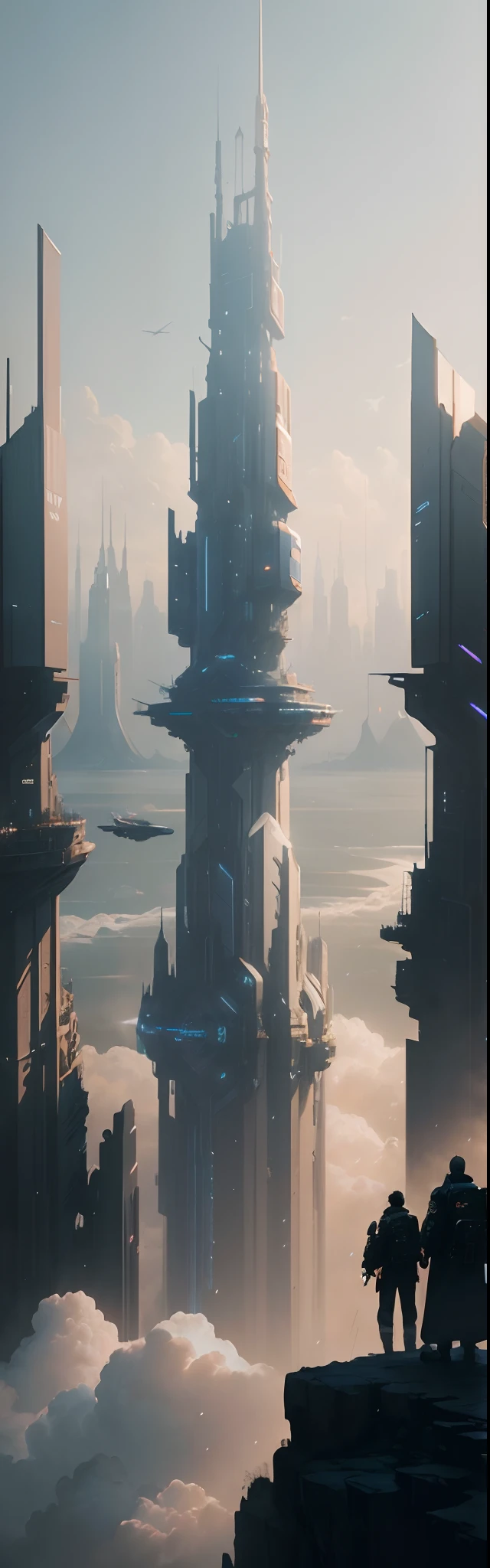 The future city,Greater Bay Area,HD real,Very detailed background by the sea,A huge sword-shaped skyscraper reaches into the sky,(From a distance, It looks like 1 ancient sword stuck in the sea)Tall structures,ultra - detailed,Very high definition,Heavy traffic,Prosperity remains,Futuristic city with rivers and bridges at sunset, cyberpunk art inspired by Mike "beeple" Winkelmann, trending on CGSociety, retro-futurism, in a futuristic cyberpunk city, Futuristic city landscape, arstation and beeple highly, in fantasy sci - fi city, Futuristic city landscape, futuristic cyberpunk city, cyberpunk dreamscape, sci fi city,Cidade futuristica, fanciful, 24th century ,GlowingRunesAIV2_Light blue megacities,(非常详细的 CG 统一 8k 壁纸),The most beautiful photos of outer space artworks,scifi spacescape,planetes,Ed Blinkey,atey ghailan,Professional majestic oil painting by Studio Ghibli,Jeremy Mann,Greg Manchess,Antonio Moro,The trend is on ArtStation,Trends on CGSociety,Intricate,High detail,Sharp focus,Dramatic,photorealistic painting art by midjourney and greg rutkowski