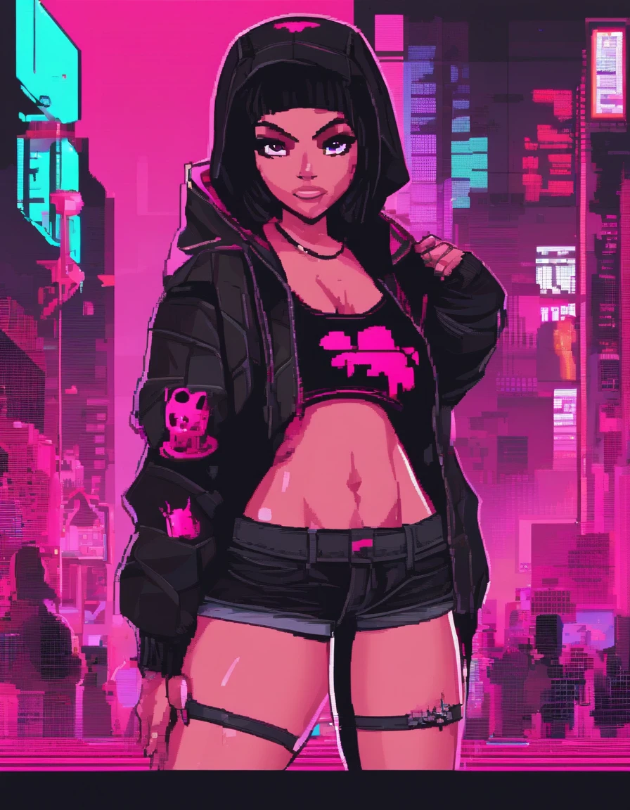 (best quality), big head, face happiness, short bob hair, (short girl with huge breasts:1.2) dark skinned girl in a punk outfit, in a graffiti street, from back, slightly chubby, two toned hair(black:1.3, neon pink:1.3), beanie with a skull logo, wide hips, big butt, thick thighs, crop top hoodie, fuchsia-colored shorts and torn leggings