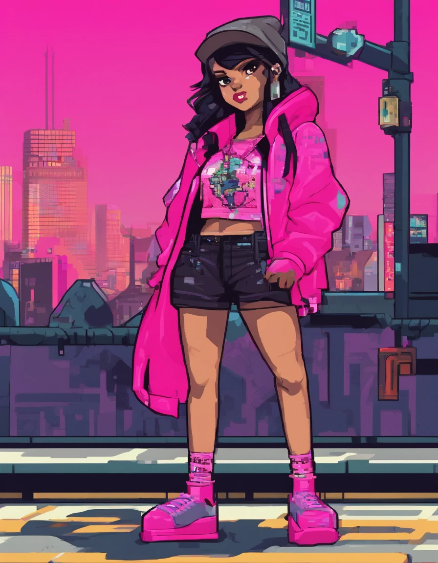 (best quality), big head, face happiness, short bob hair, (short girl with huge breasts:1.2) dark skinned girl in a punk outfit, in a graffiti street, from back, slightly chubby, two toned hair(black:1.3, neon pink:1.3), beanie with a skull logo, wide hips, big butt, thick thighs, crop top hoodie, fuchsia-colored shorts and torn leggings