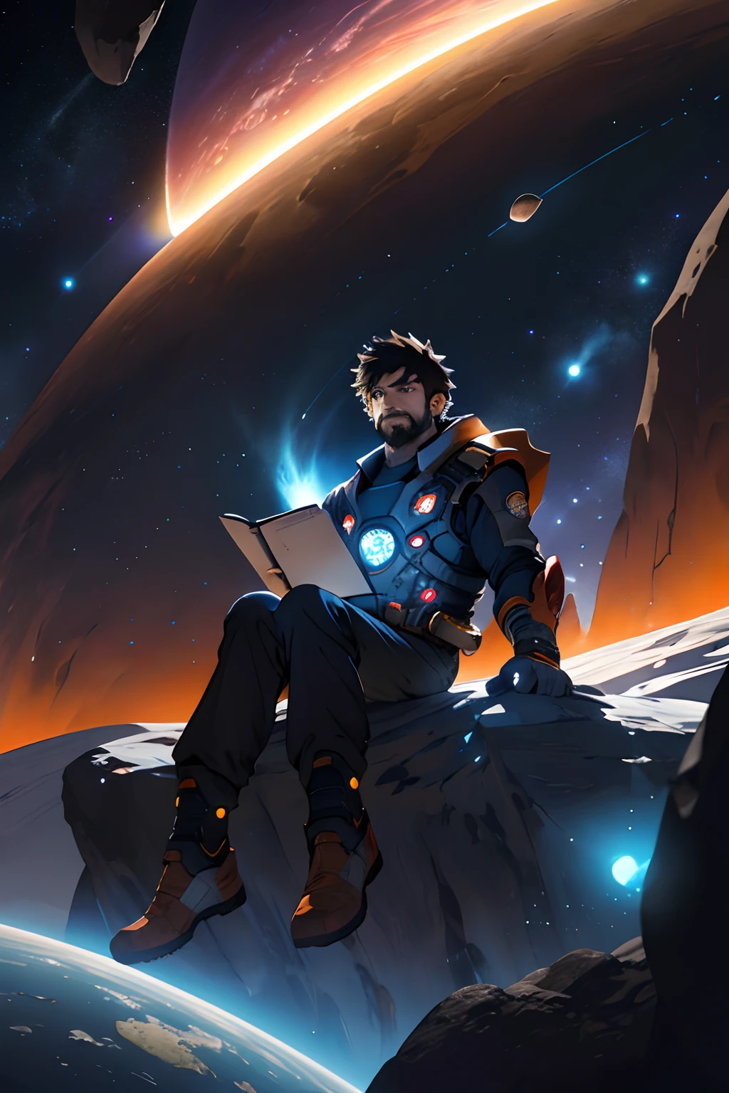 Draw a young programmer, sitting on a research platform floating in the middle of an asteroid belt. He is studying with a notebook, surrounded by several asteroids glowing with fiery auras. Dramatic lighting from distant stars and planets illuminates the scene, casting deep shadows on the suit. The young man looks confident and determined, looking at the vast and mysterious universe with wonder and respect,facial hair, cowboy shot,