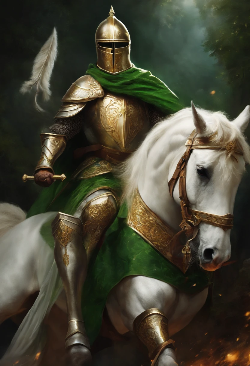 "A royal knight with a majestic aura, Decorated with shining pure white armor, The right hand wields the legendary mace,Holding a large shield in his left hand, Towering in the middle of medieval battlefields,Wearing a green halo,Banners and light fluttering in the wind illuminated the scene."