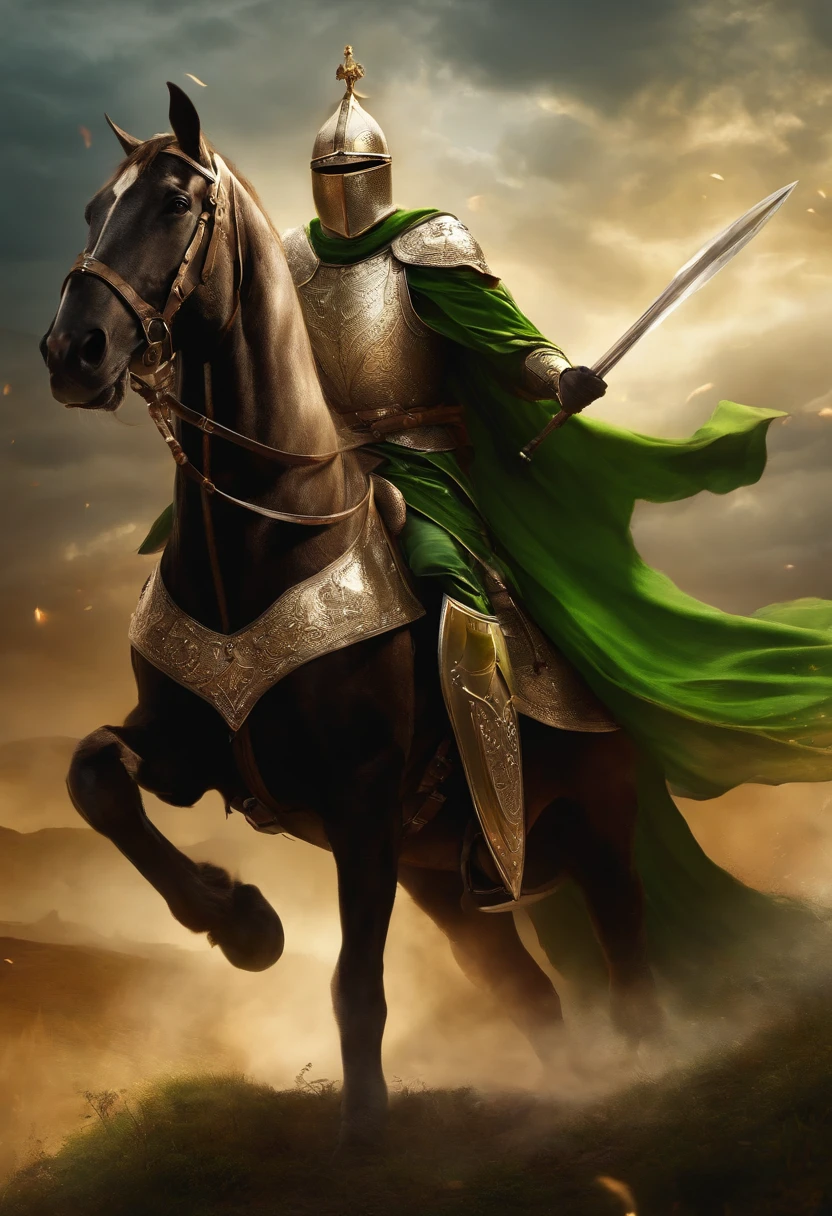 "A royal knight with a majestic aura, Decorated with shining pure white armor, The right hand wields the legendary mace,Holding a large shield in his left hand, Towering in the middle of medieval battlefields,Wearing a green halo,Banners and light fluttering in the wind illuminated the scene."