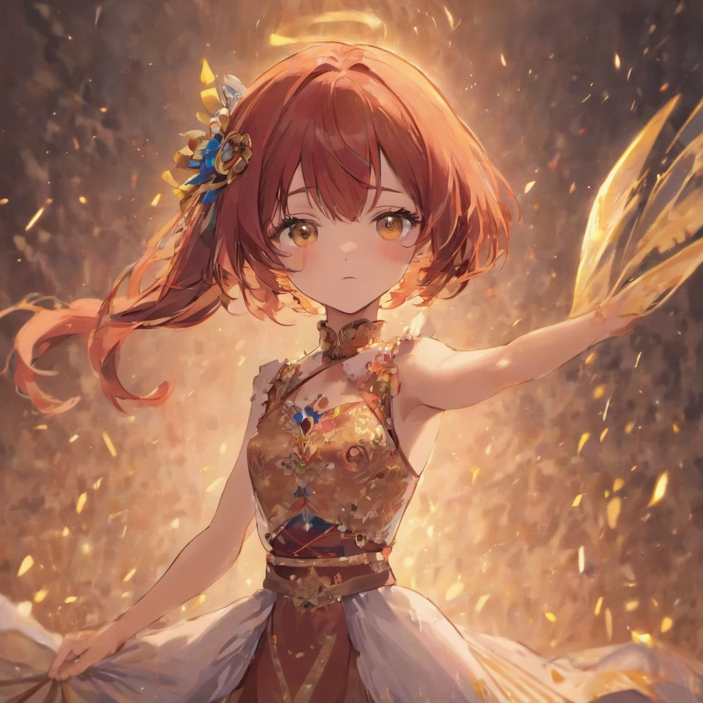 Best quality, Masterpiece, (Realistic: 1.2), 1 girl, Slim girl, Red hair, Brown eyes, Front, Detailed face, Beautiful eyes, Brown eyes, Big eyes, Small breasts, cleavage, Long dress