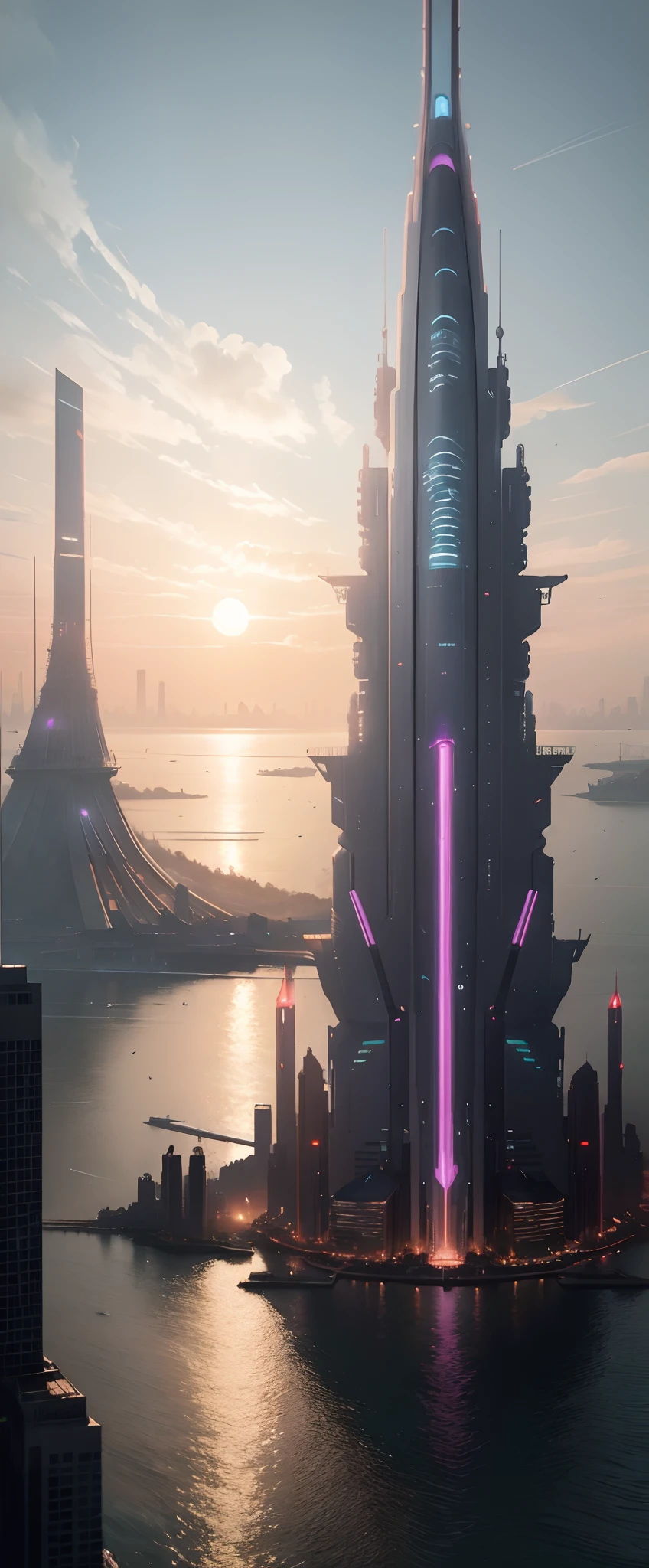 The future city,Greater Bay Area,HD real,Very detailed background by the sea,1. A huge sword-shaped skyscraper,(From a distance, It looks like 1 ancient sword stuck in the sea)High-rise complex,ultra - detailed,Very high definition,Heavy traffic,Prosperity remains,by the sea,Futuristic city with rivers and bridges at sunset, cyberpunk art inspired by Mike "beeple" Winkelmann, trending on CGSociety, retro-futurism, in a futuristic cyberpunk city, Futuristic city landscape, arstation and beeple highly, in fantasy sci - fi city, Futuristic city landscape, futuristic cyberpunk city, cyberpunk dreamscape, sci fi city,Cidade futuristica, fanciful, 24th century ,GlowingRunesAIV2_Light blue megacities,(非常详细的 CG 统一 8k 壁纸),The most beautiful photos of outer space artworks,scifi spacescape,planetes,Ed Blinkey,atey ghailan,Professional majestic oil painting by Studio Ghibli,Jeremy Mann,Greg Manchess,Antonio Moro,The trend is on ArtStation,Trends on CGSociety,Intricate,High detail,Sharp focus,Dramatic,photorealistic painting art by midjourney and greg rutkowski
