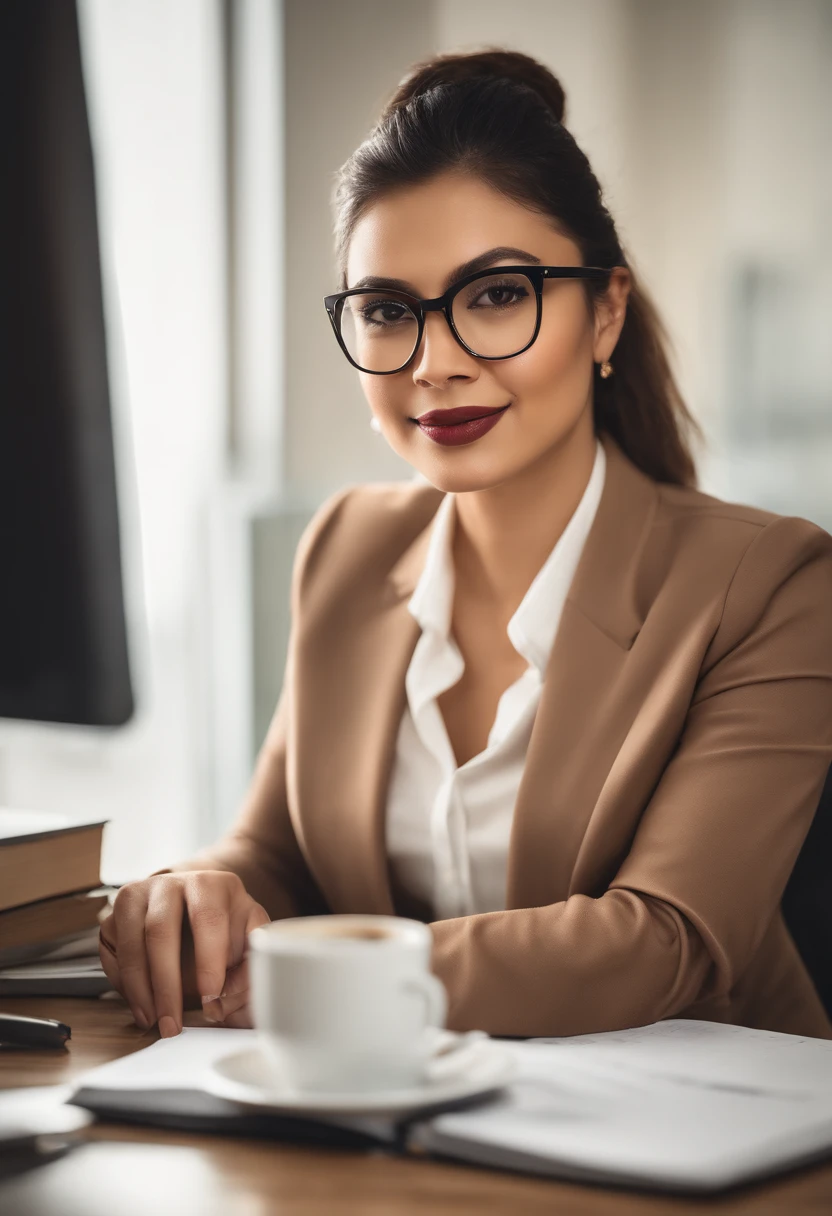portrait,woman,Filipina,brown hair,dark eyes,beautiful detailed eyes,beautiful detailed lips,intelligent expression,professional attire,25 years old,working at her desk,laptop,modern office,organized workspace,bookshelf in the background,natural light,soft lighting,professional photography style,subtle color palette,vivid colors,happy and confident expression,stylish glasses,coffee cup,organized notebook,creative environment