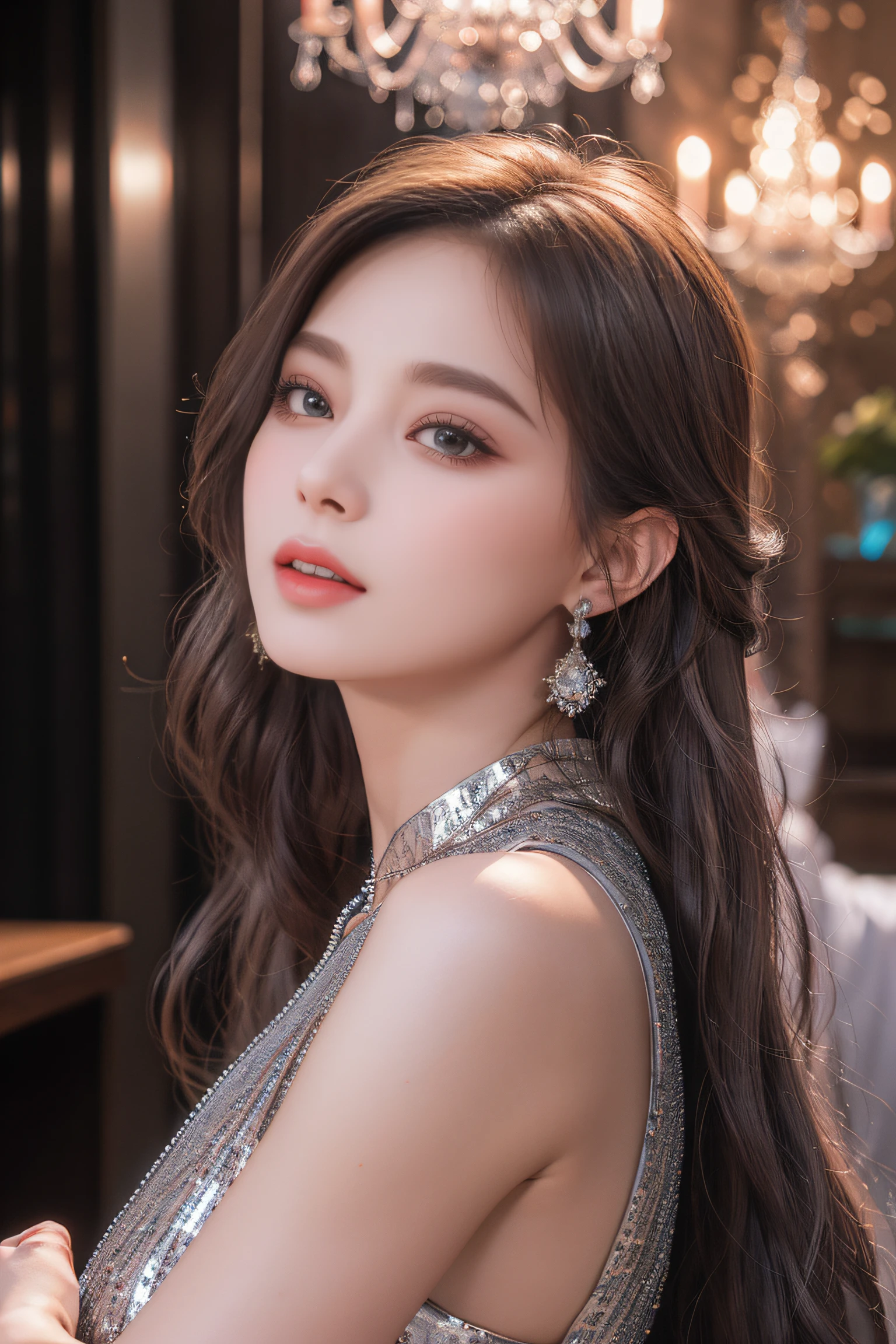 Top quality work,Photorealistic works,Ultra Premium Graphics,8K HD CG works,High-quality graphics,High-definition fine CG works,10x pixel,Ultra-fine details:1.1,Advanced technical details:1.1Photographically realistic,Indoor lighting effects:1.5,Natural light:1.5. light effect(Virtual Light Effects:1.8),超A high resolution,Shiny Blue Dress,Long silver hair,Silver hair,Transparent hair,High Detail Hair(Premium Hair Detail:1.1)Clear eyes,Good looking double eyelids,Sharp eye makeup, Delicate makeup for eyelashes, Thin eyebrows, ultradetailed eyes,High Nose, lovely red lips, Rose cheeks, Face with delicate makeup , Pretty Face, A perfectly proportioned face,(Advanced facial details:1.1)Collection of shiny blue luxury dresses,Blue Sequin Dresses,Sequin coat,shiny,Tight long skirt,Summer Sexy Hip Wrap Fishtail Sleeveless Commuter Maxi,Horse Stockings 100%Oil Gloss Panst Gloss Silk Luster 8D Black Silk Woman,stiletto heels,mitts,Beautiful long dresses,wonderful dress,Bright Red Series,Haute Couture Dresses Collection,Dress Photography,Authentic dress works,In the banquet hall,Women's Artwork,full-body view,Goddess of Dress,真实感,amazing,Today's eyes are bright