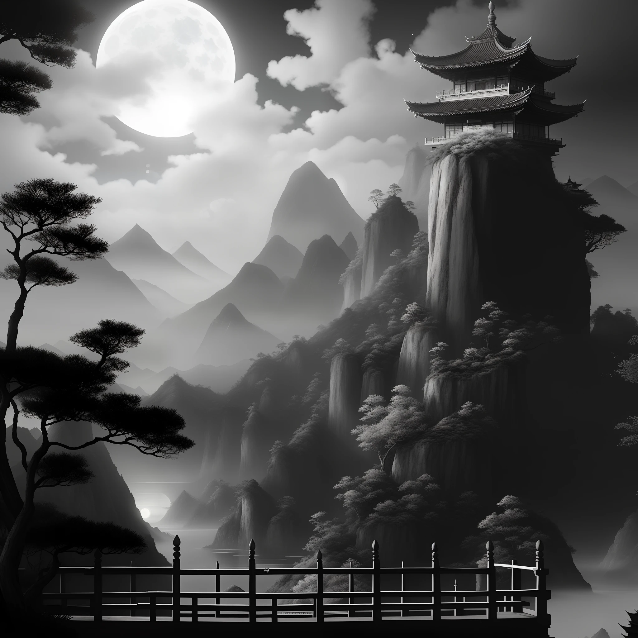 Aalfid view with bridges and mountains of full moon, digital painting of a pagoda, black and white matte painting, Chinese landscape, Chinese fantasy, calm evening. Digital illustration, dark but detailed digital art, author:Yang Borun, Illustration matte painting, author:Wen Boren, author:Sun Kehong, Zen temple background, matte digital painting, Oriental fantasy