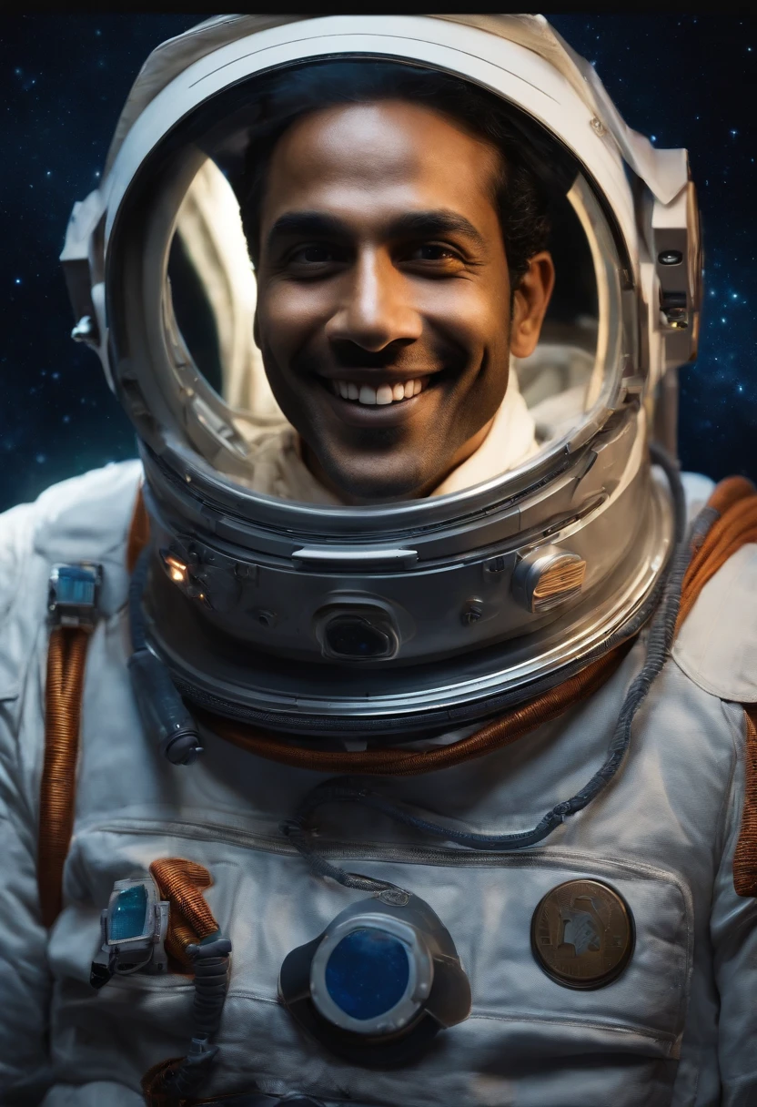 Astronaut in spacesuit and oval face, on spaceship, An Indian man, Smiling, Use dark