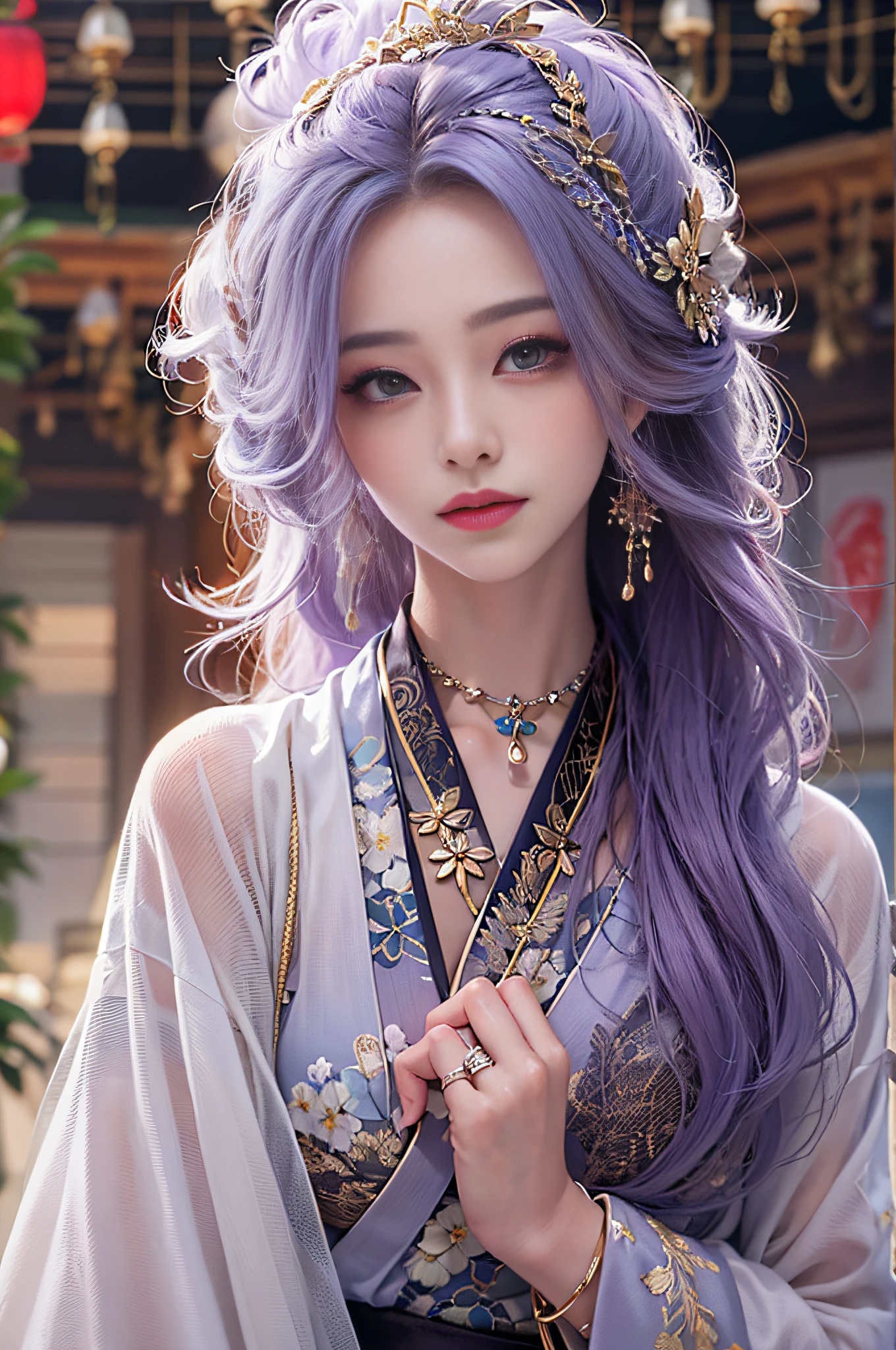 Photorealistic,Ultra-high resolution large files,8K,10x pixels, sharp fokus:1.2,Extremely Delicately Beautiful,The is very detailed,Surrealist portraits of women,A mature girl,Royal sister style,Long black and purple hair,He has long black and purple hair,Clear and realistic hair,Careful hair,Delicate eyelash makeup, Thin eyebrows, Super detailed eyes,Nice big red lips,Mature face,Delicate facial makeup,Clear eye makeup,Japan kimono,Short kimono,Red and black kimono,white legwear,clogs,Kimono women,jewelry,choker necklace,耳Nipple Ring,indoor background,Japan's top goddess(aegyo sal:1)Full body photography work,Mature Woman Photography Work,Real Photographics,True and clear,Fantasyart,Fine top-of-the-line work,High-level detail works,ultra-realistic vivid textures