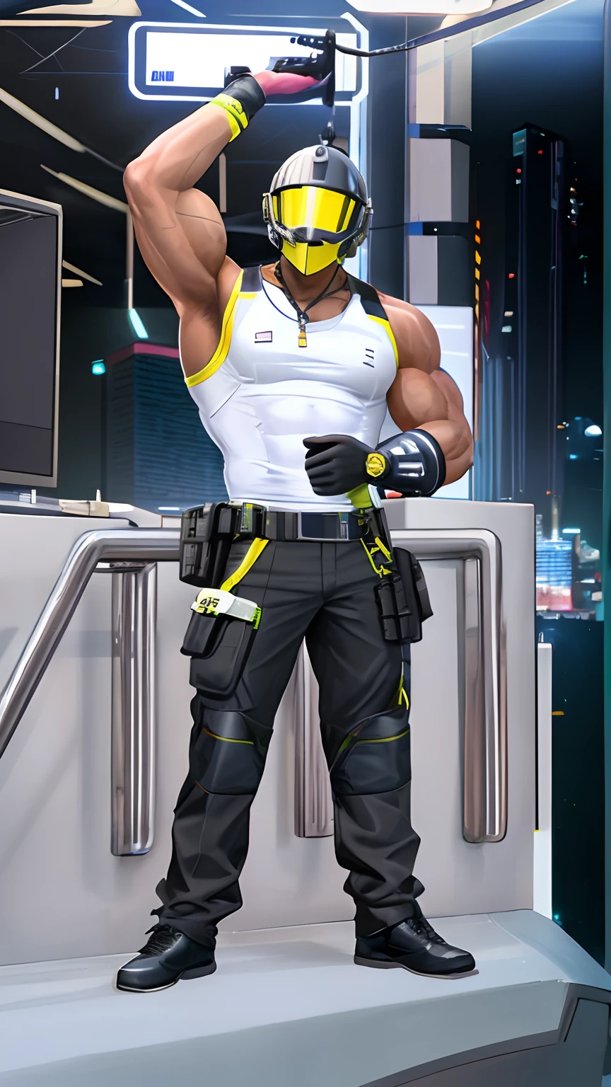 male, muscular male, brown skin, helmet covering all of face, cyberpunk style helmet, security outfit (tanktop), showing biceps, showing armpits