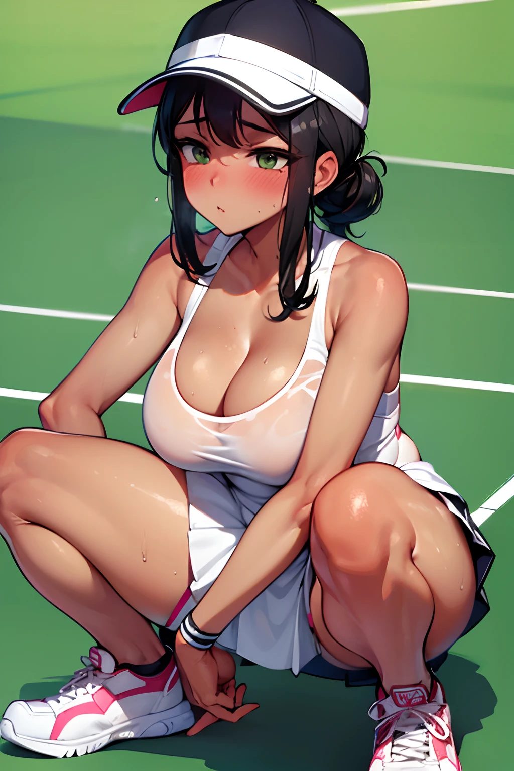 (Tennis Uniforms:1.3) sweating, sweaty, tan, big boobs, tan skin, flustered, blush, black hair, tenis wear, tenis cap, doing tennis,