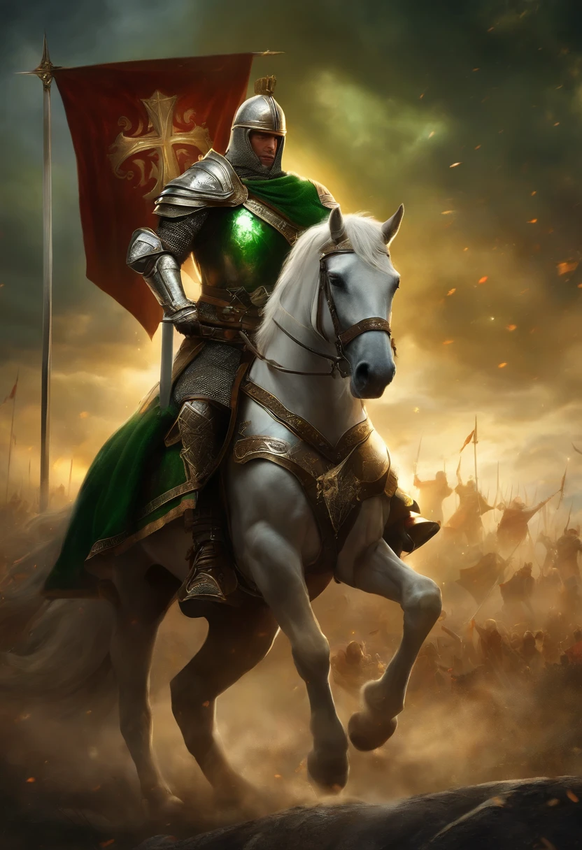 "Royal Knight with a majestic aura, Adorned with shimmering snow-white armor, Wielding the legendary mace with his right hand,Holding a large shield in his left hand, Towering in the midst of medieval battlefields,Wearing a green aura,Banners and rays of light fluttering in the wind illuminate the scene.large cross,Shield to protect allies,"