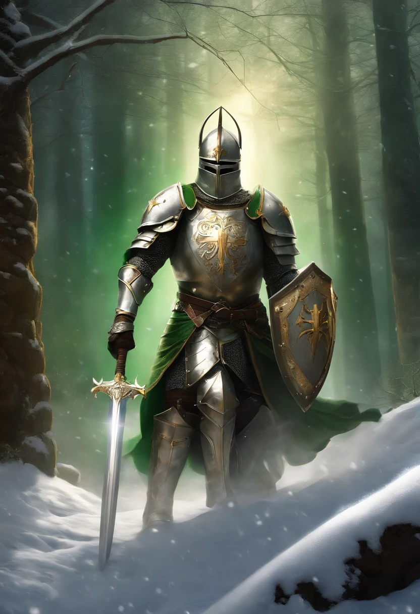 "Royal Knight with a majestic aura, Adorned with shimmering snow-white armor, Wielding the legendary mace with his right hand,Holding a large shield in his left hand, Towering in the midst of medieval battlefields,Wearing a green aura,Banners and rays of light fluttering in the wind illuminate the scene.large cross,Shield to protect allies,"