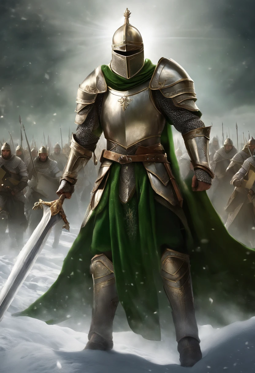 "Royal Knight with a majestic aura, Adorned with shimmering snow-white armor, Wielding the legendary mace with his right hand,Holding a large shield in his left hand, Towering in the midst of medieval battlefields,Wearing a green aura,Banners and rays of light fluttering in the wind illuminate the scene.large cross,Shield to protect allies,"