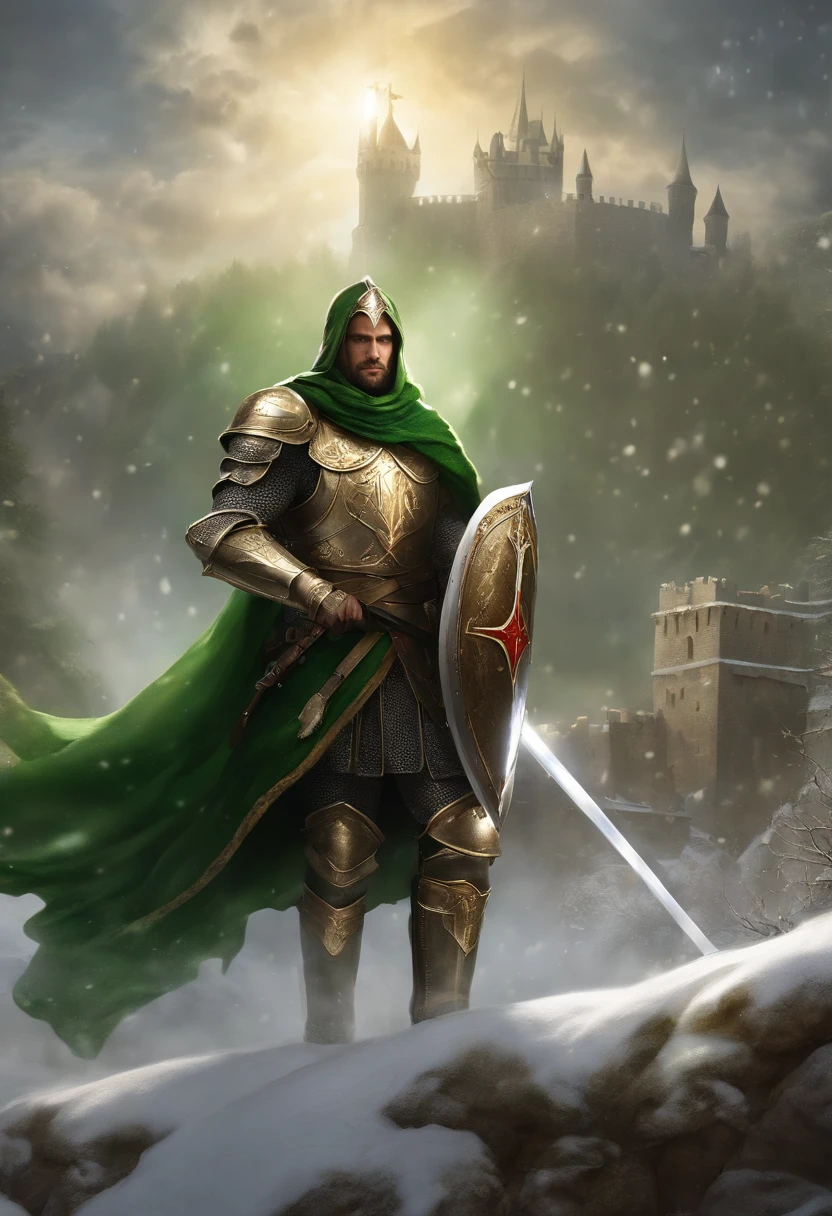 "Royal Knight with a majestic aura, Adorned with shimmering snow-white armor, Wielding the legendary mace with his right hand,Holding a large shield in his left hand, Towering in the midst of medieval battlefields,Wearing a green aura,Banners and rays of light fluttering in the wind illuminate the scene.large cross,Shield to protect allies,"