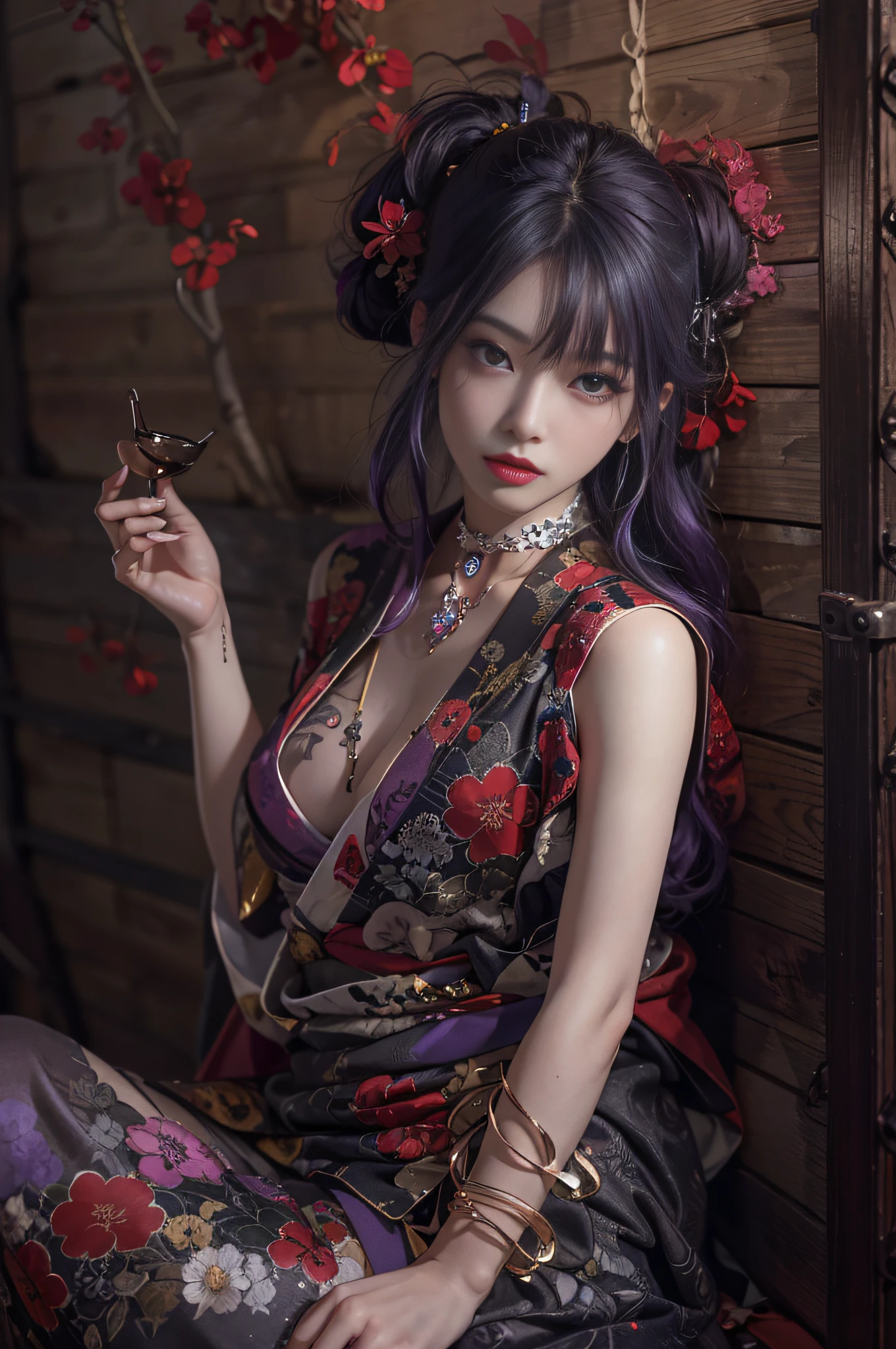 Photorealistic,Ultra-high resolution large files,8K,10x pixels, sharp fokus:1.2,Extremely Delicately Beautiful,The is very detailed,Surrealist portraits of women,A mature girl,Royal sister style,Long black and purple hair,He has long black and purple hair,Clear and realistic hair,Careful hair,Delicate eyelash makeup, Thin eyebrows, Super detailed eyes,Nice big red lips,Mature face,Delicate facial makeup,Clear eye makeup,Japan kimono,Short kimono,Red and black kimono,white legwear,clogs,Kimono women,jewelry,choker necklace,耳Nipple Ring,indoor background,Japan's top goddess(aegyo sal:1)Full body photography work,Mature Woman Photography Work,Real Photographics,True and clear,Fantasyart,Fine top-of-the-line work,High-level detail works,ultra-realistic vivid textures