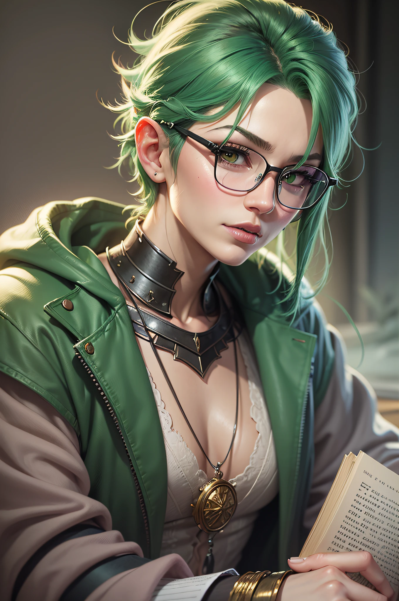 Anime - style image of a man with green hair and glasses reading a book, retrato do livro do RPG, Stanley Artgerm Lau, Retrato de um homem mago elfo, retrato artgerm, RPG_retrato, Stanely Artgerm, Artgerm extremamente detalhado, Artgerm. High detail, RPG retrato arte conceitual, epic RPG portrait, retrato de rpg, corpo inteiro