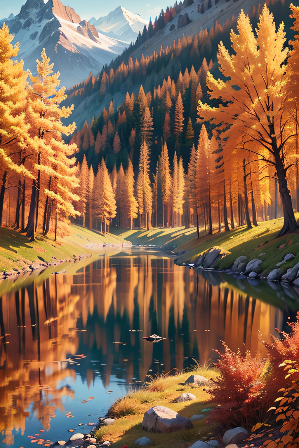 Create a forest landscape, Add characteristics such as: : Season of the year Autumn, lake, mountains, bear