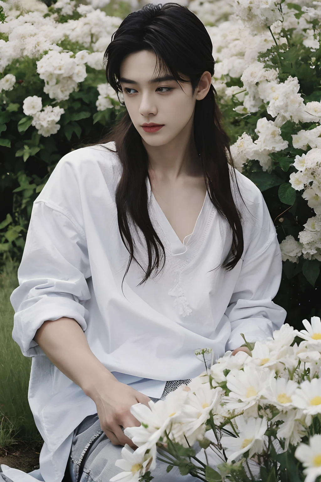 (oil painted:1.5),
\\
A boy,A man with white flowers in his hair lies in a field of white flowers,(Amy Saul:0.248),(Stanley Ategg Liu:0.106),(a detailed painting:0.353),(Gothic art:0.106)