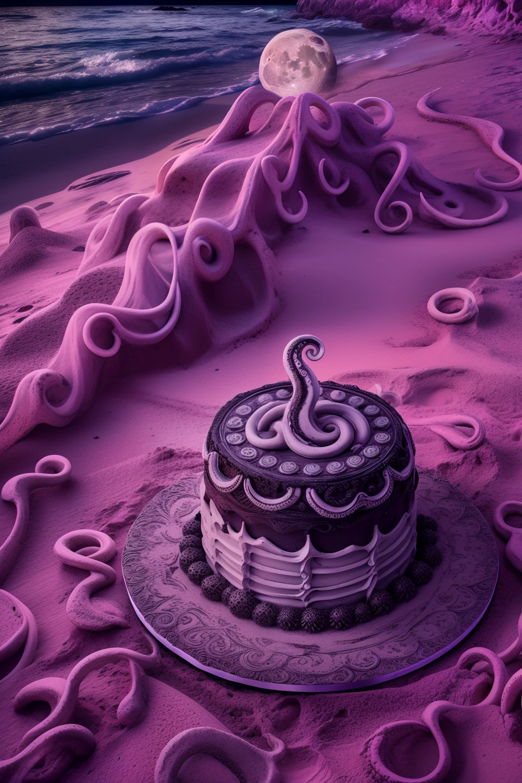Photo of (creepy) cake on a (spooky) beach, moon, style of hp Lovecraft, tentacles, elaborate intricate detailed high quality highres dramatic lighting 8k high saturation